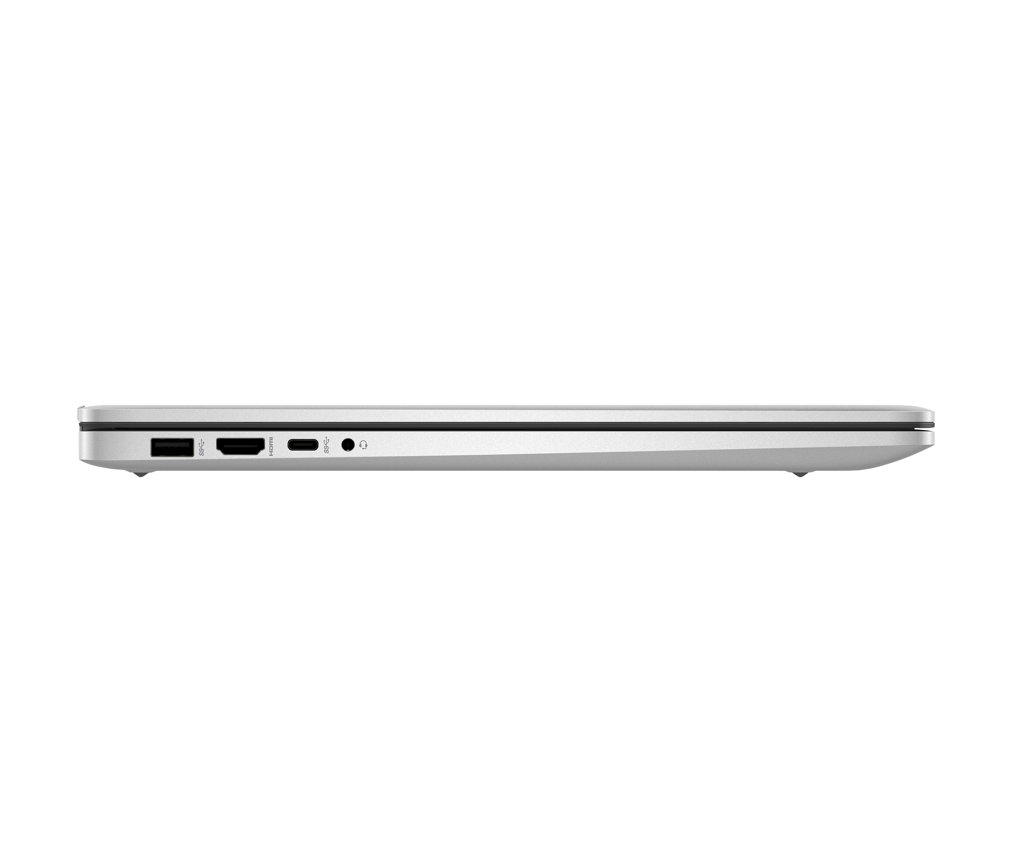 Seitenansicht eines silbernen Laptops auf schwarzem Hintergrund. Anschlüsse sind sichtbar.