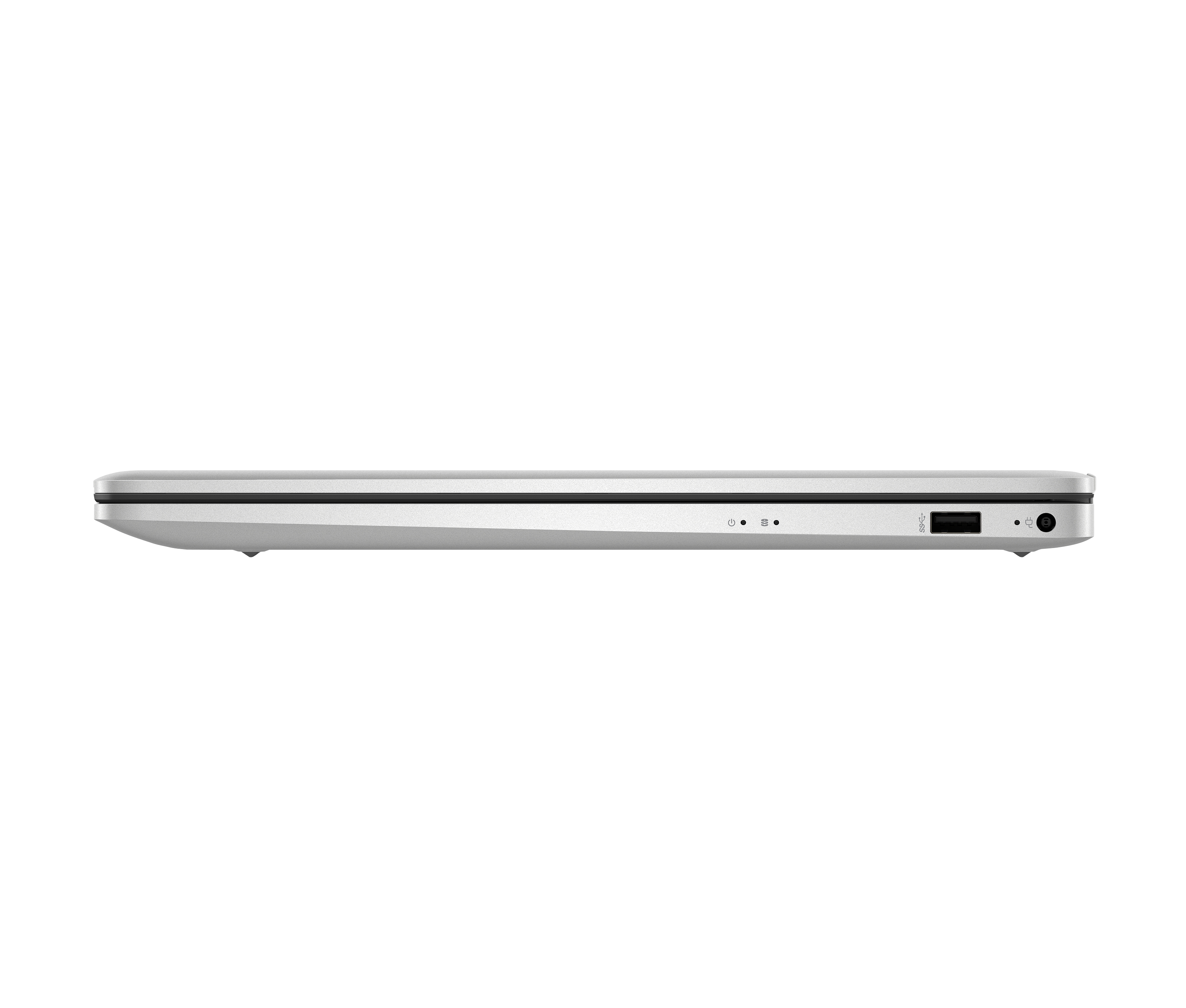 Widok z boku srebrnego laptopa. Laptop znajduje się na czarnym tle. Widoczne są porty.
