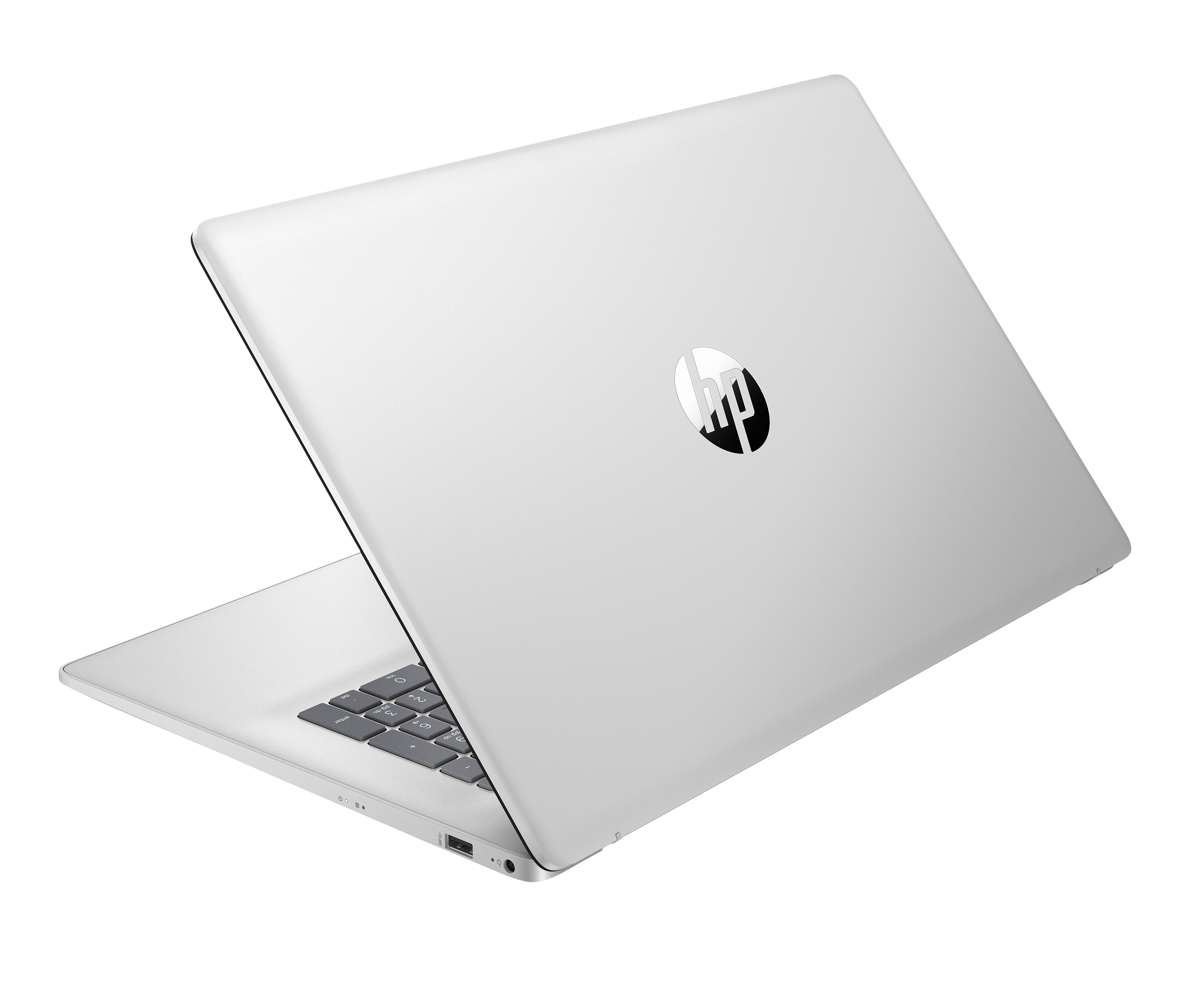 Srebrny laptop HP, otwarty pod kątem, na czarnym tle. Logo HP na pokrywie, widoczna klawiatura.