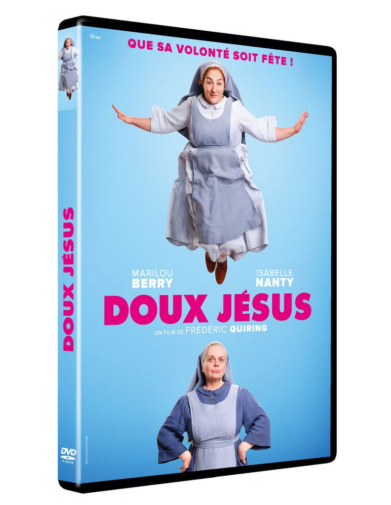 Couverture DVD de 'Doux Jésus'. Une religieuse en habit bleu et blanc est présentée. Le titre et les acteurs apparaissent en rose et blanc.
