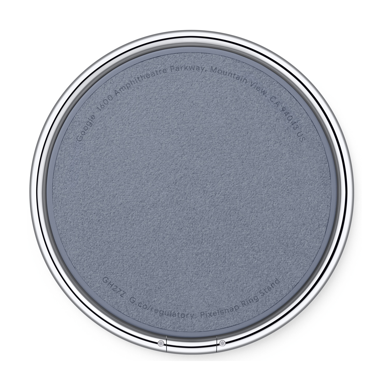 Supporto ad anello PixelSnap grigio circolare. Ha una superficie strutturata, un bordo argentato e testo sul bordo: Google, indirizzo e Pixelsnap.