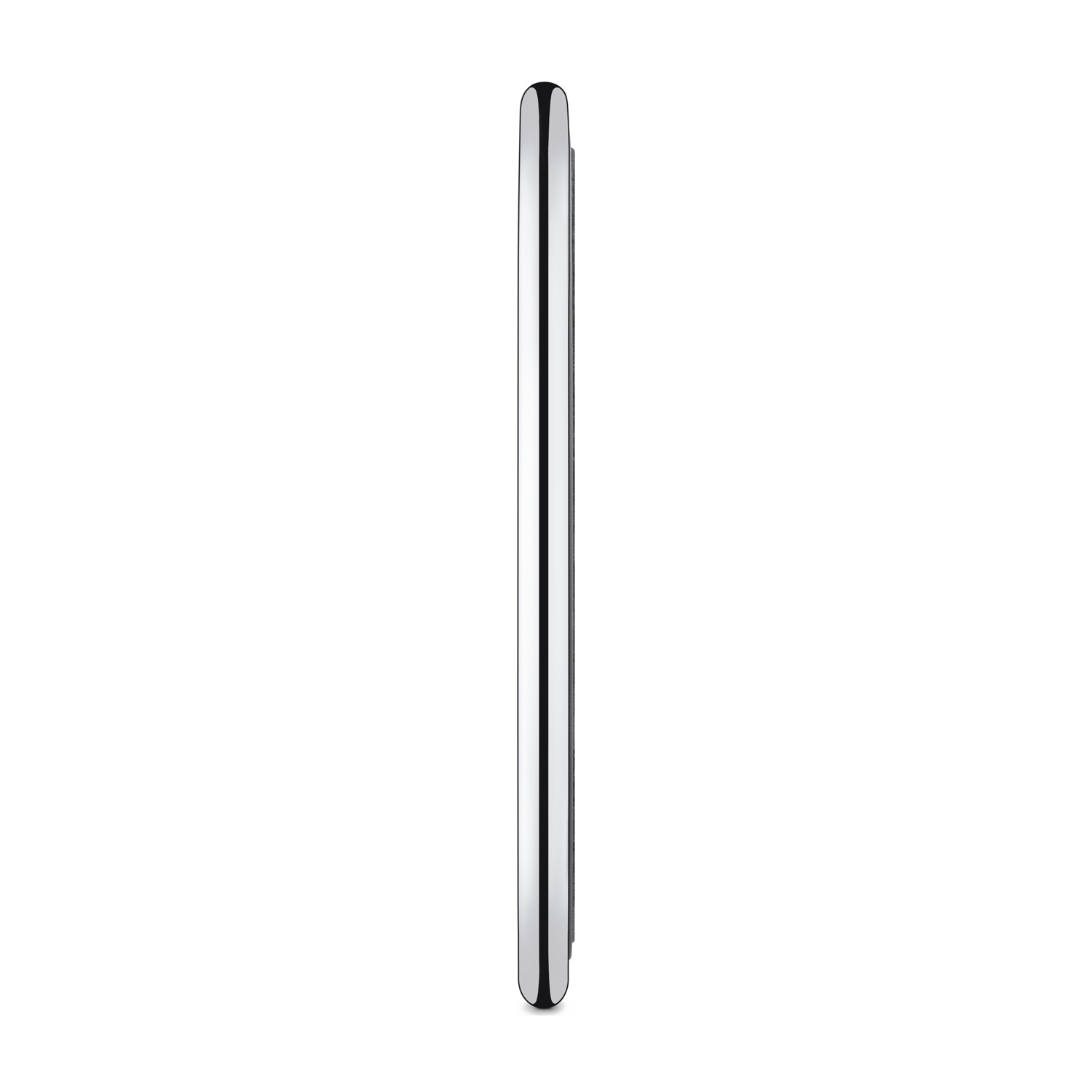 Vista laterale di uno smartphone elegante, nero e argento. Il telefono è verticale, con bordi superiore e inferiore arrotondati e una cornice lucida.