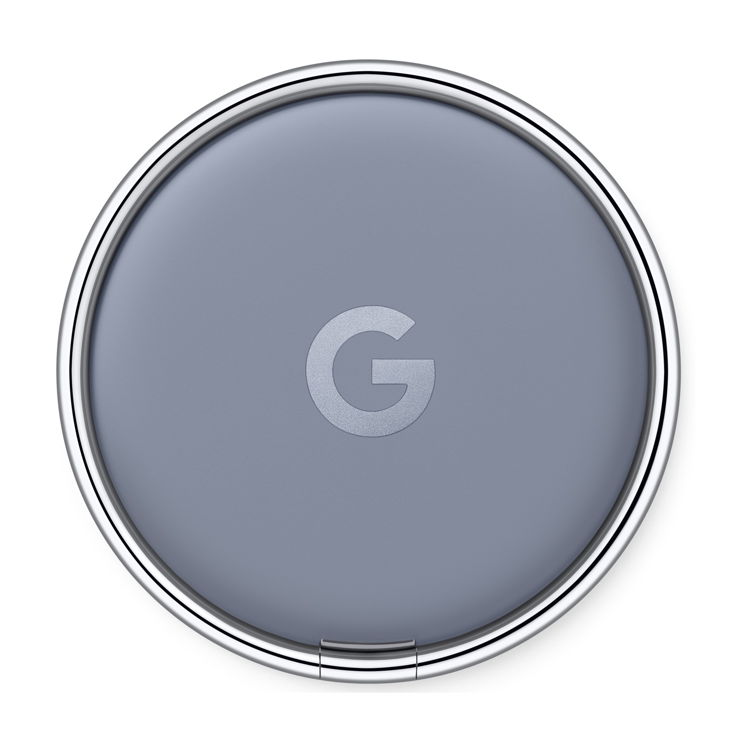 Un dispositivo circolare grigio con finiture argentate e il logo 'G' di Google al centro. Lo sfondo è bianco.