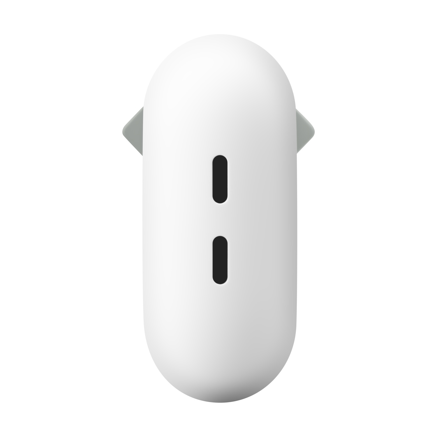 Un dispositivo bianco a forma di capsula. Ha due fessure nere e due piccole sporgenze grigie triangolari. Isolato su sfondo bianco.