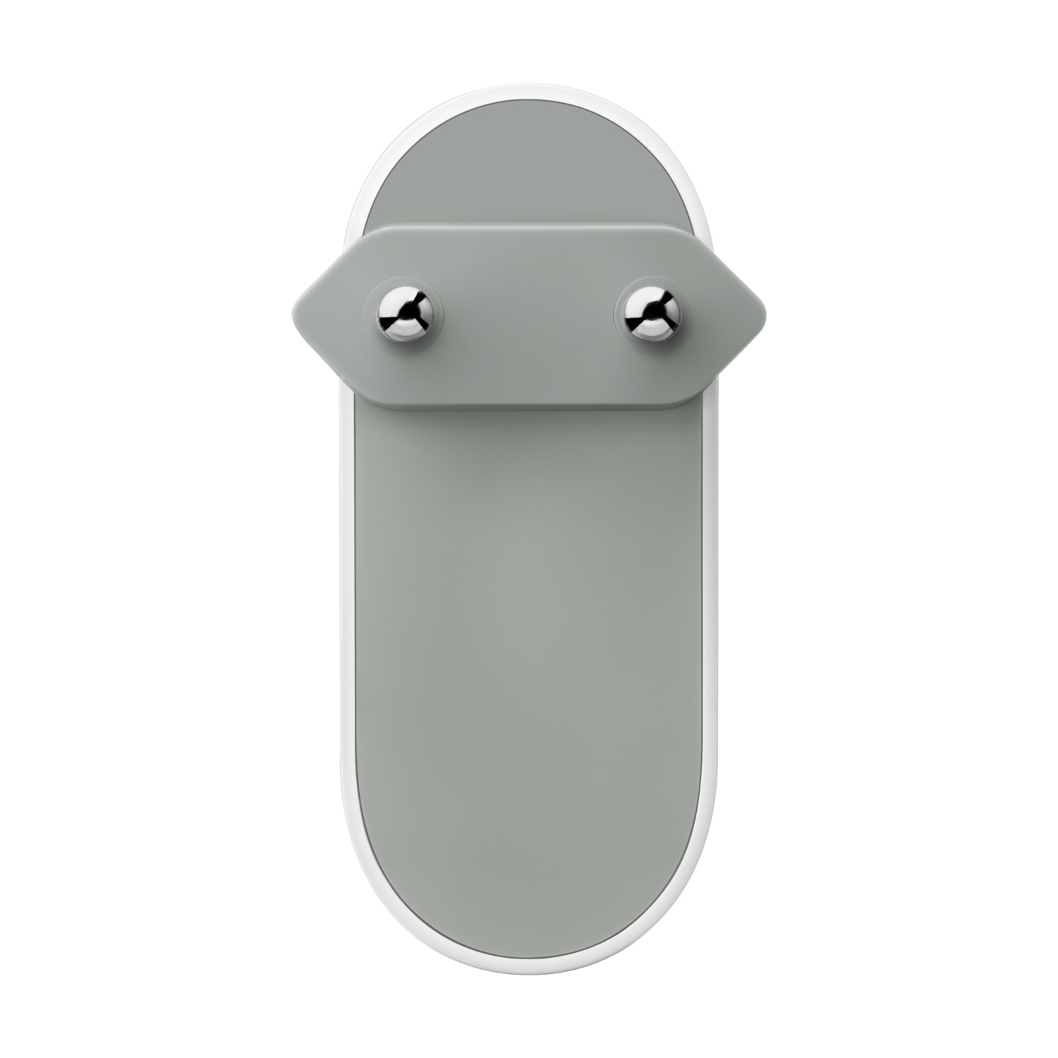 Un oggetto ovale grigio con bordo bianco, due viti argentate e un pezzo orizzontale grigio in alto.