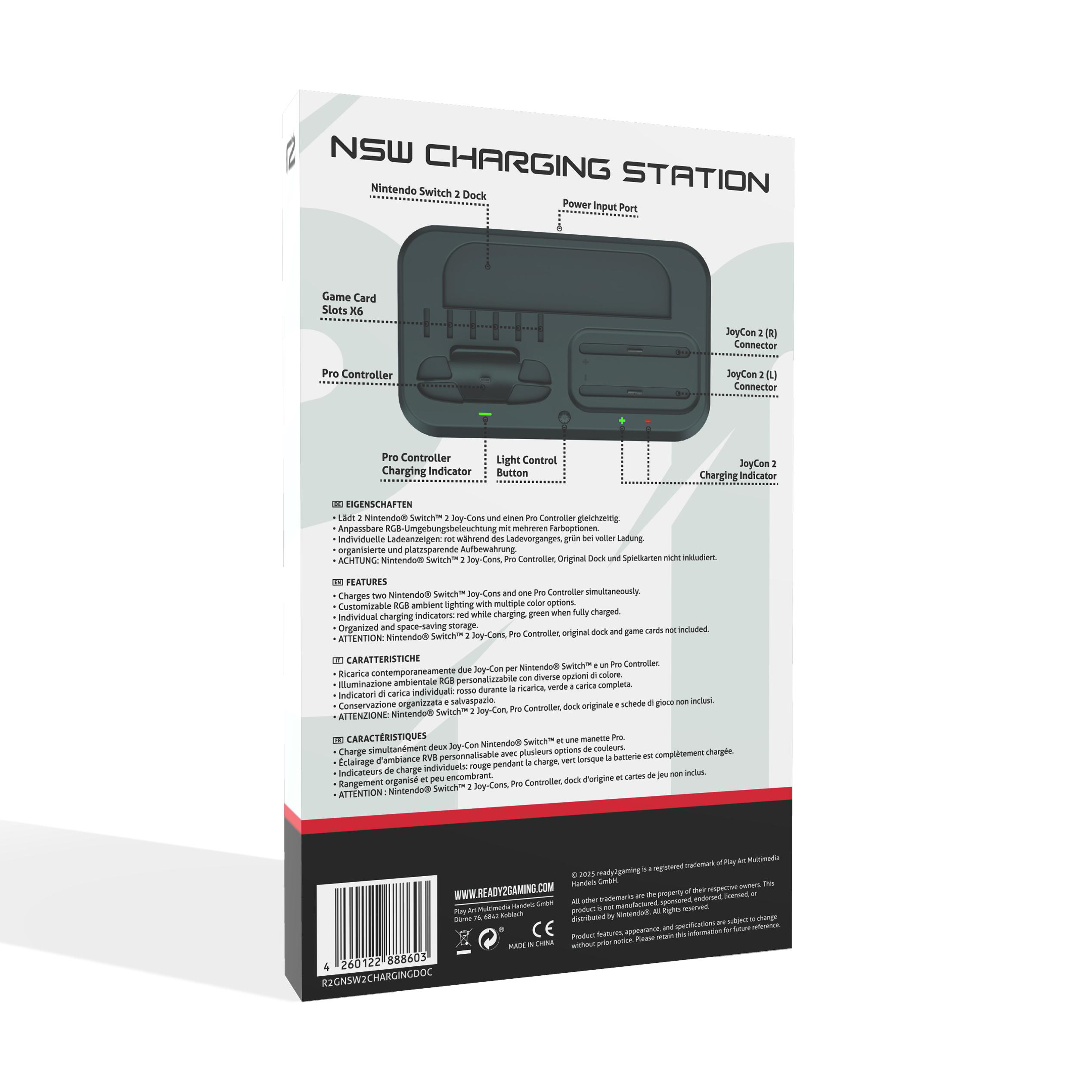 Produktbox mit Design einer Ladestation. Box hat Text und Diagramme, die ihre Funktionen erklären.
