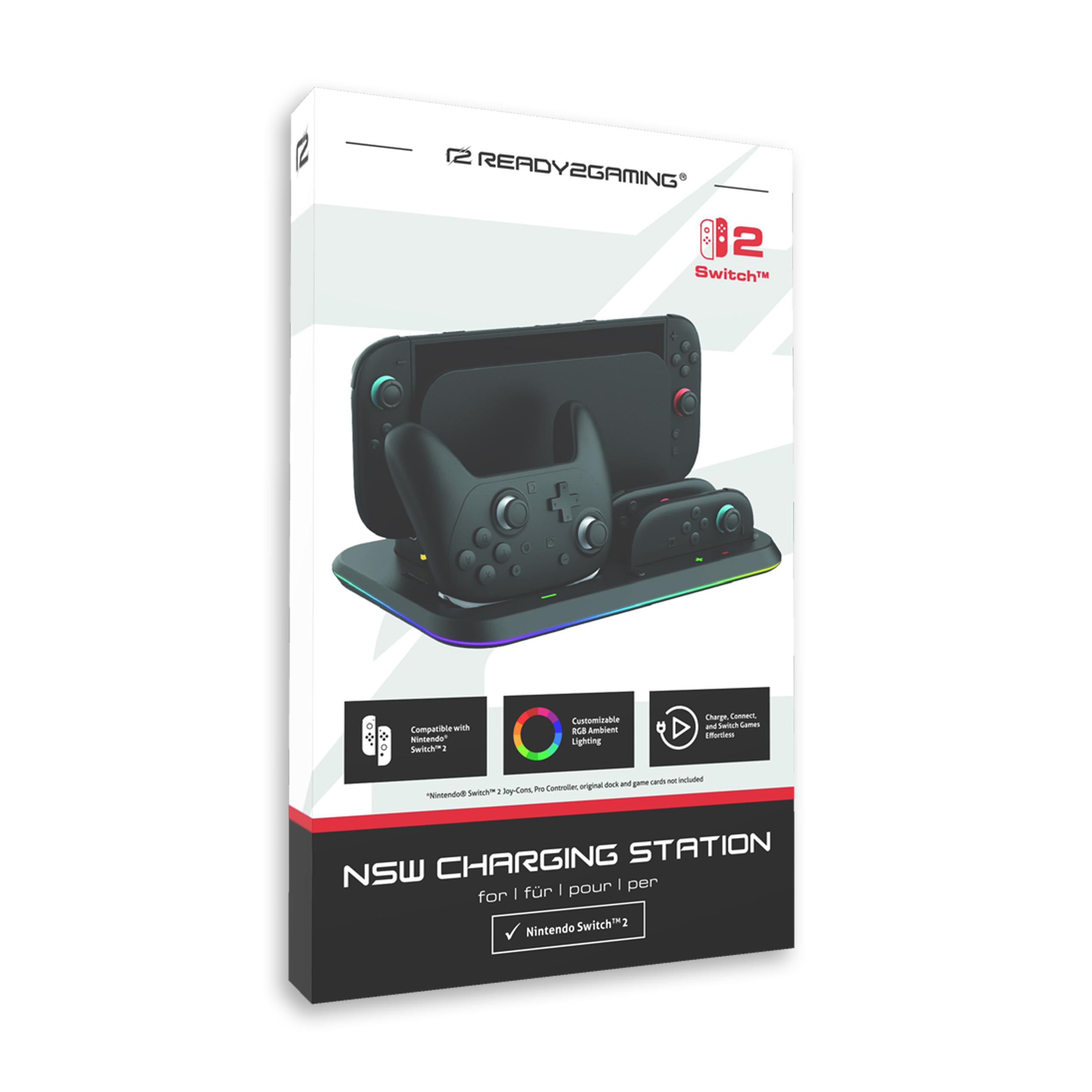 Eine schwarze Nintendo Switch-Ladestation mit Switch und Controllern darauf.