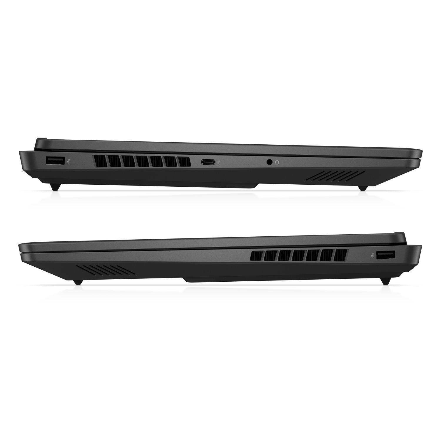 Two black laptops side view, on white background. Showing ports, vents, and design details. Both are slightly angled.