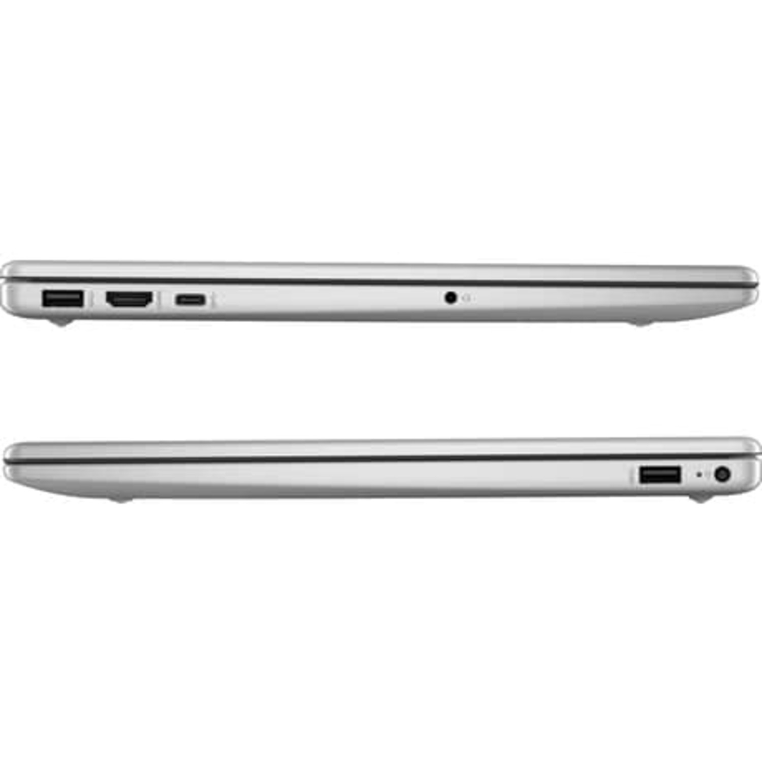 Deux ordinateurs portables argentés, vue latérale. Le portable du haut montre des ports : USB, HDMI, USB-C. Le portable du bas montre un port USB et un petit trou.