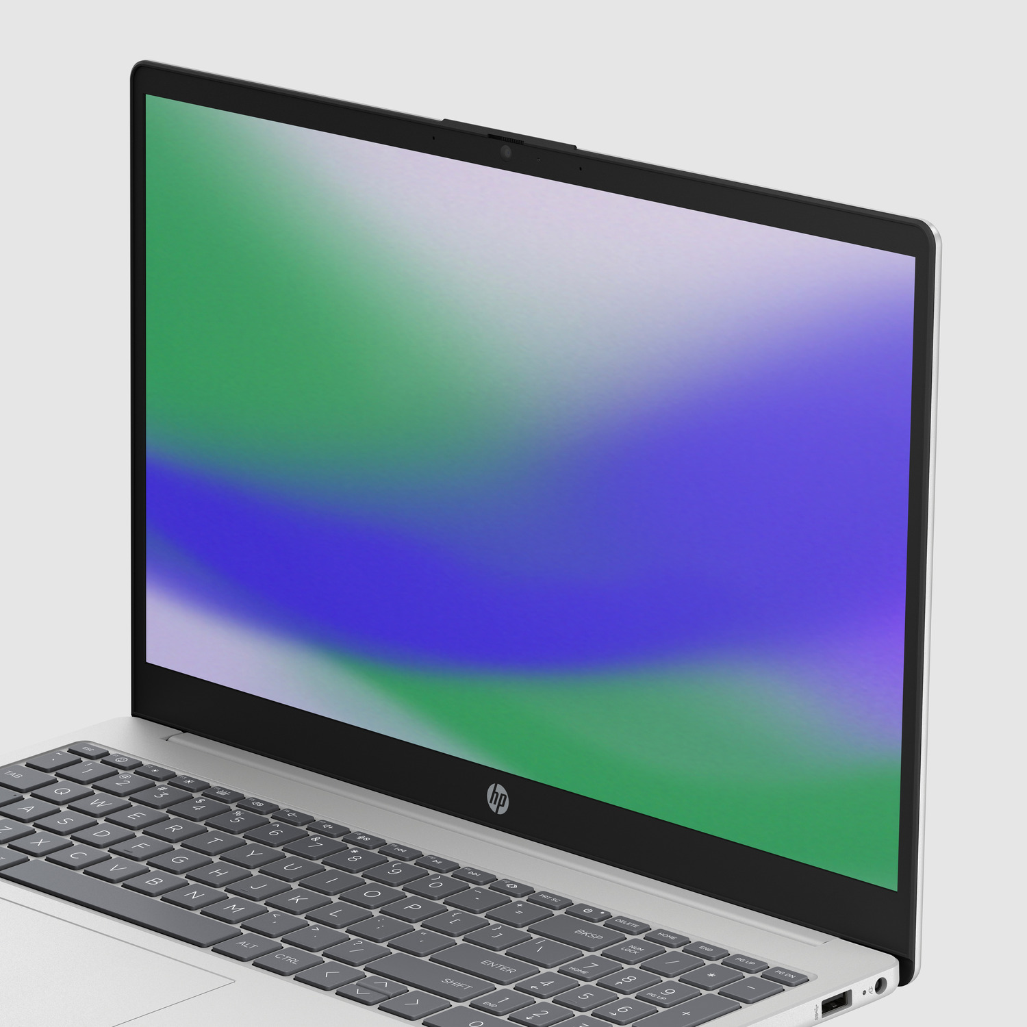 Un ordinateur portable avec un écran dégradé est ouvert. Le clavier est visible. Le logo HP est sur l'ordinateur portable. Le fond est blanc.