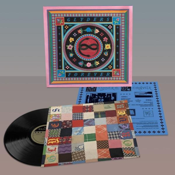 Albumcover mit Schlange, Blumen und Text. Darunter eine Schallplatte und eine Innenhülle. Patchwork-Design auf dem Cover.