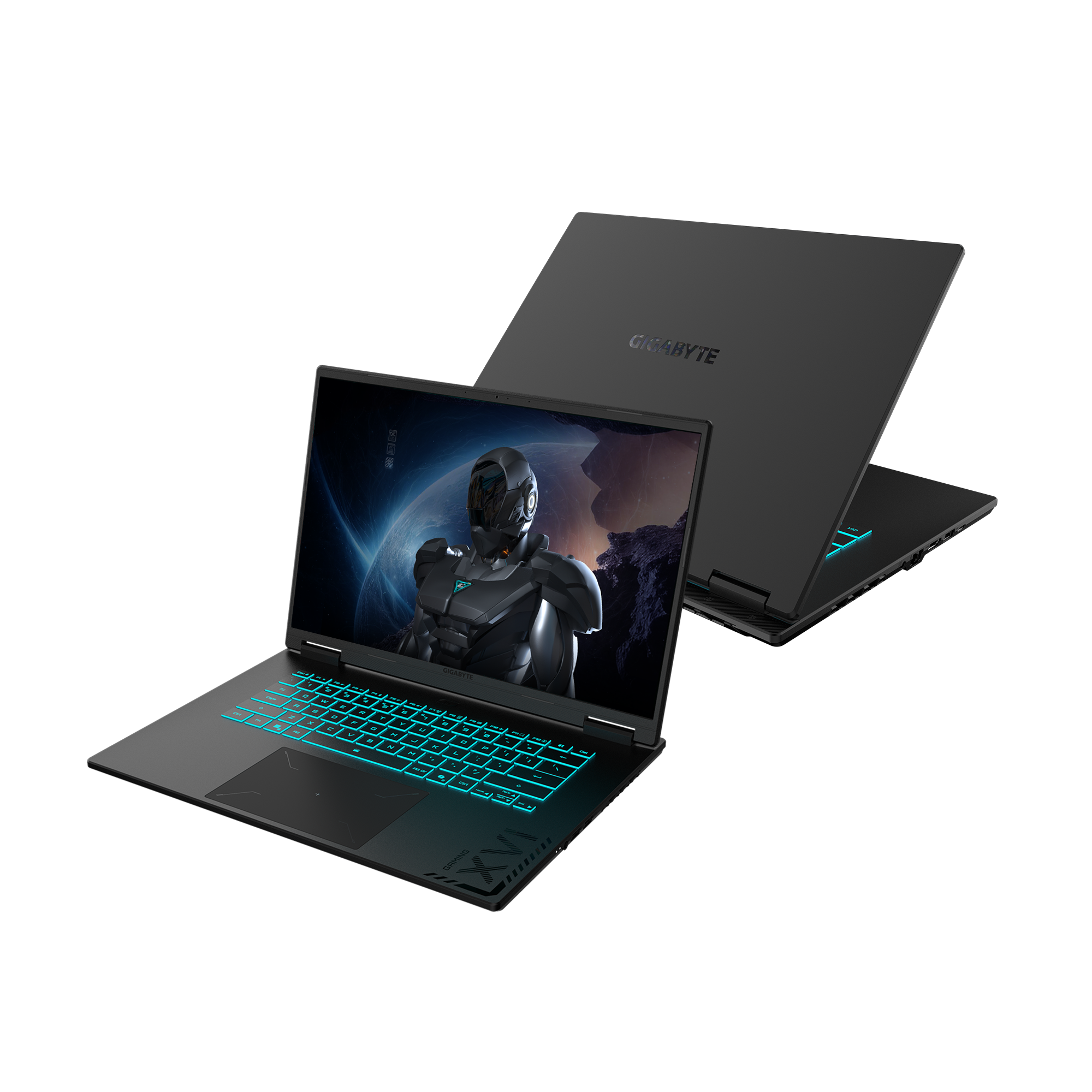 Zwei schwarze Laptops. Einer ist geöffnet und zeigt eine futuristische Figur auf dem Bildschirm und eine teal-leuchtende Tastatur.