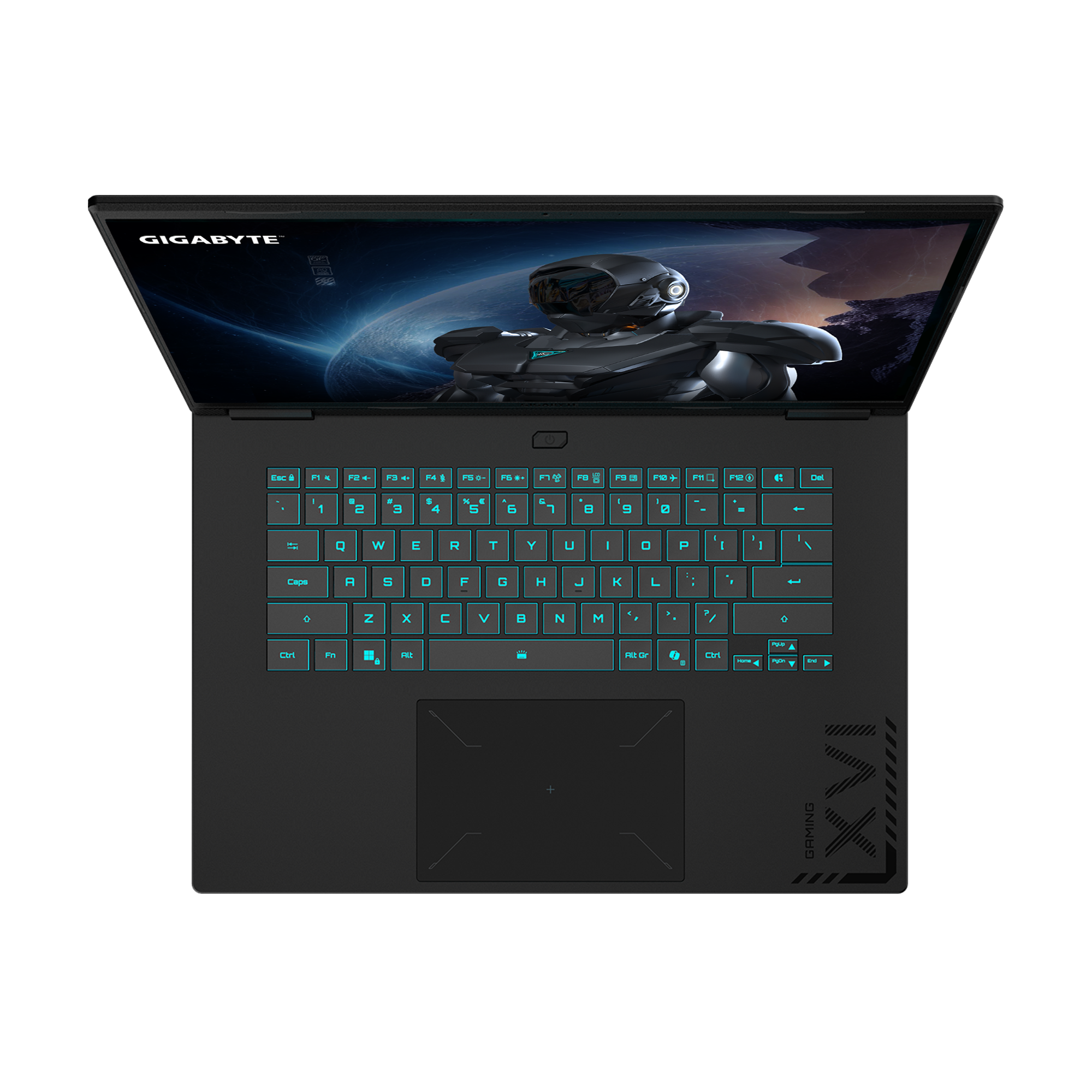 Schwarzer Laptop mit beleuchteter Tastatur. Der Bildschirm zeigt einen futuristischen Roboter. Die Marke ist Gigabyte.