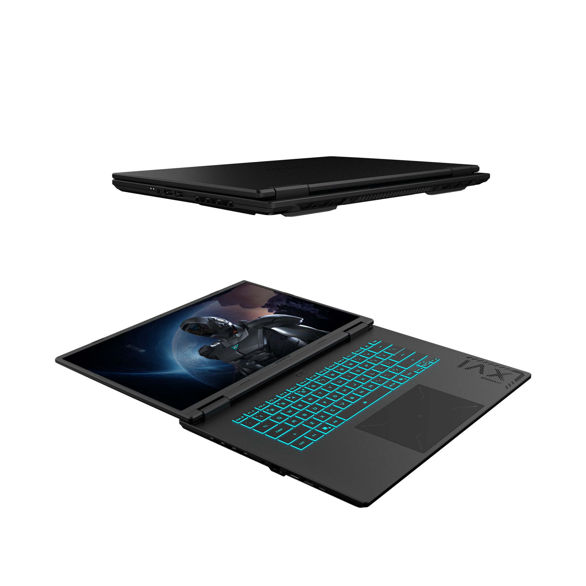 Ein schwarzer Laptop ist geöffnet, mit beleuchteter Tastatur, die eine futuristische Szene zeigt. Ein weiterer Laptop ist oben geschlossen.