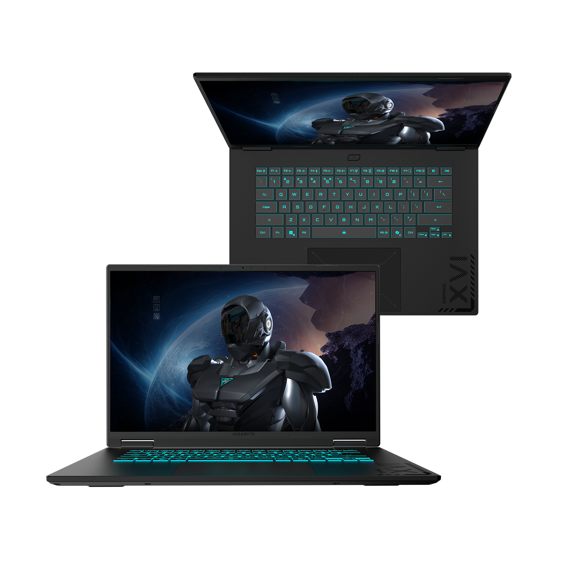 Ein schwarzer Laptop mit futuristischem Design, der eine Roboterfigur auf dem Bildschirm zeigt. Die Tastatur hat eine türkisfarbene Hintergrundbeleuchtung.