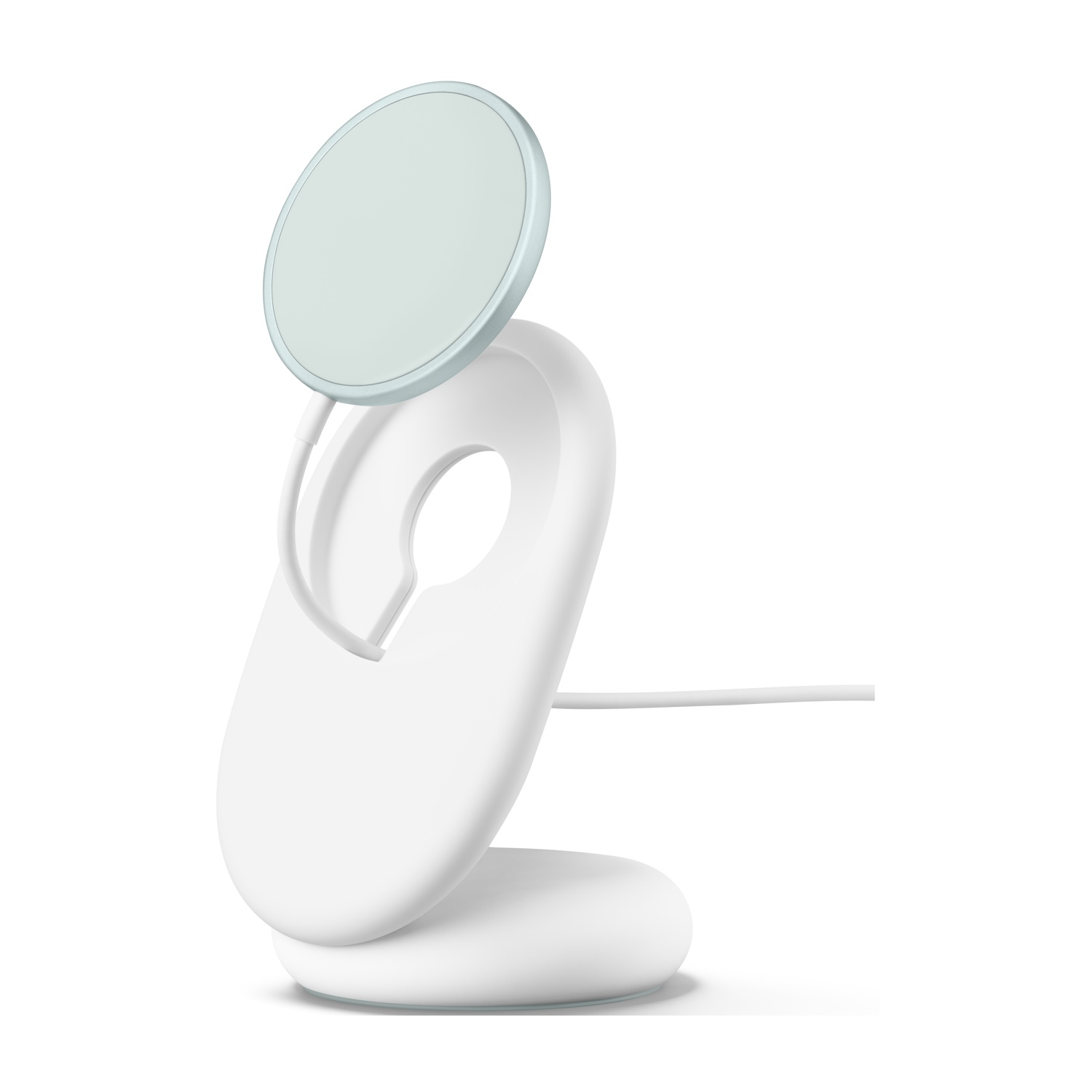 Un caricabatterie wireless bianco con base arrotondata, struttura di supporto e piattaforma di ricarica circolare. Un cavo bianco si estende dalla base.
