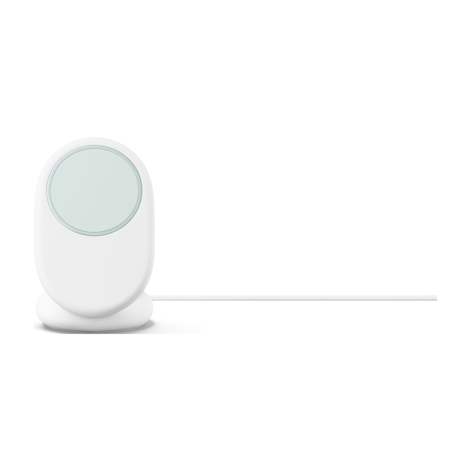 Caricabatterie wireless bianco con centro azzurro e cavo bianco che si estende a destra su sfondo bianco.