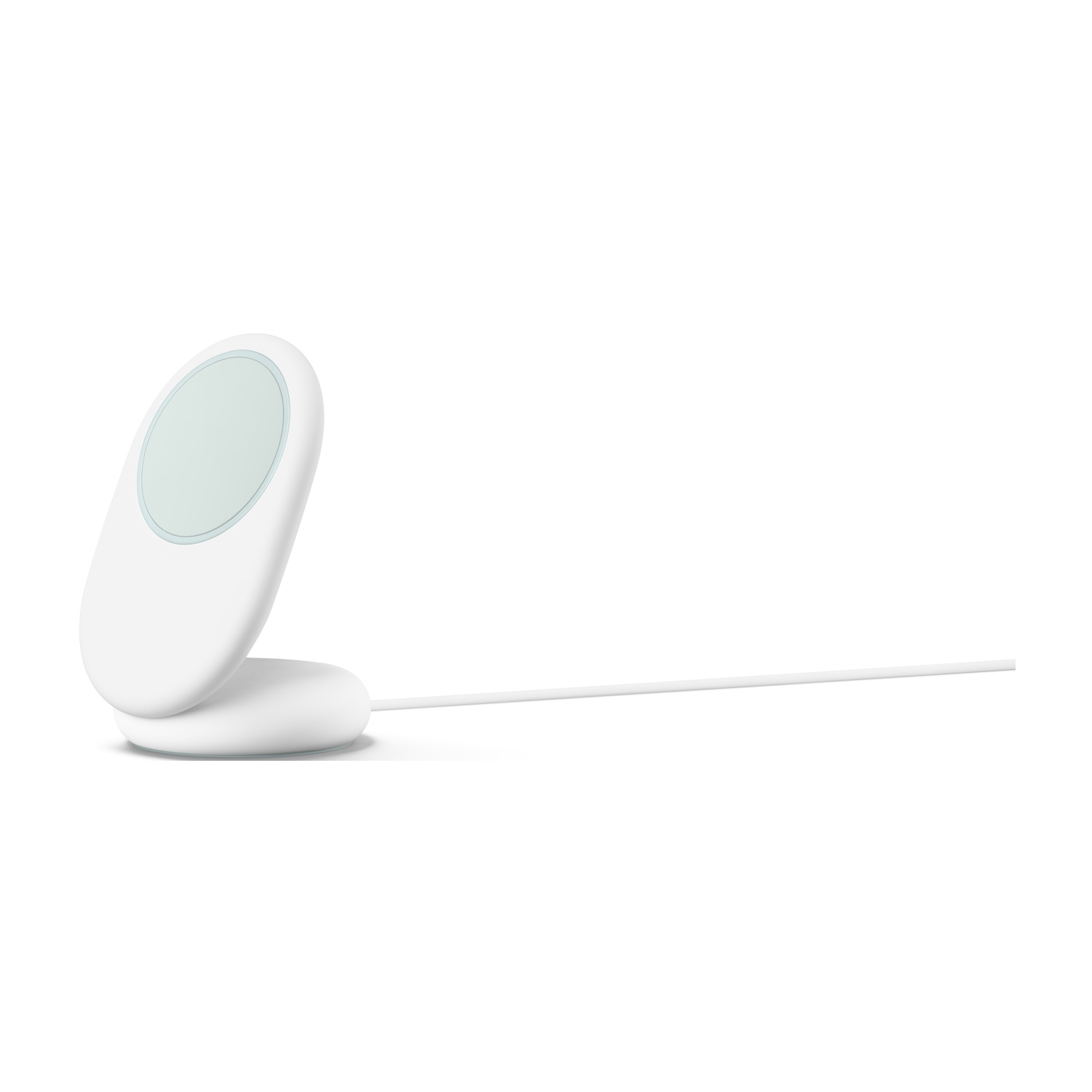 Caricatore wireless bianco con centro azzurro, collegato con cavo bianco, su sfondo bianco.