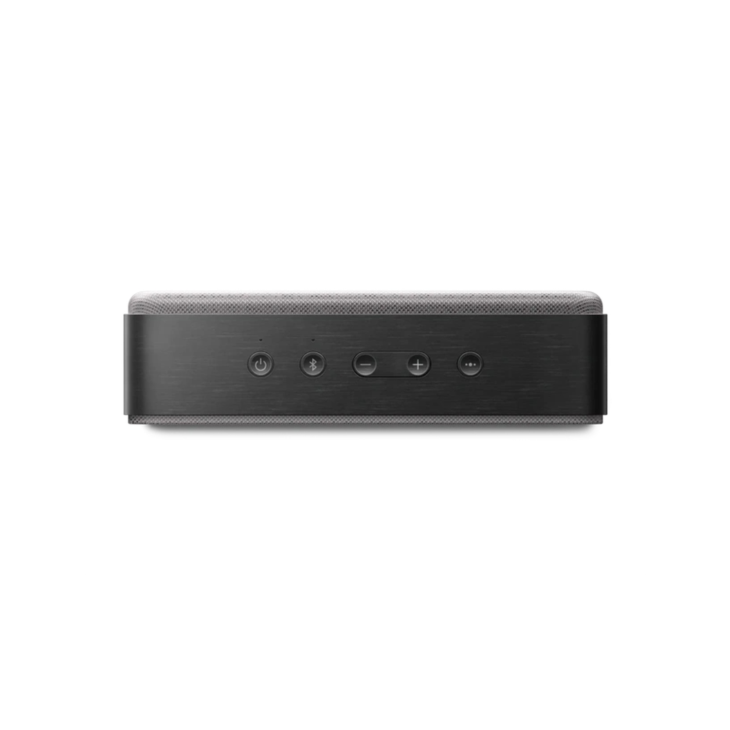 Een zwarte luidspreker met grijs gaas aan de bovenkant. Het heeft knoppen: aan/uit, Bluetooth, min, plus en drie stippen. Witte achtergrond.