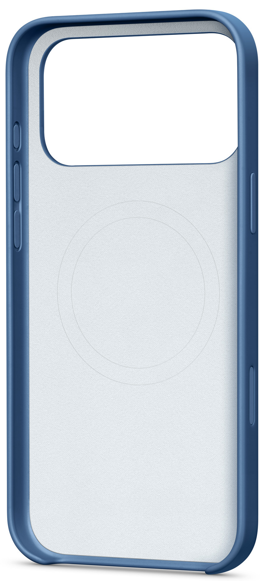 Niebieskie etui na telefon z przezroczystym tyłem. Etui ma obrysy przycisków i wycięcie na aparat. Tył ma okrągły znak.