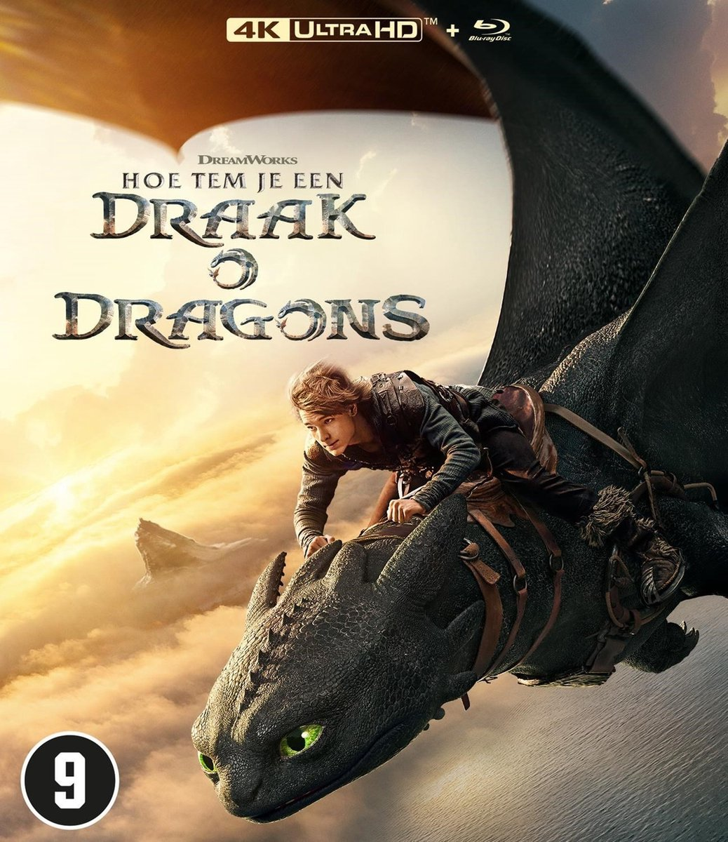Un jeune homme chevauche un dragon noir dans le ciel. Le titre du film 'Dragons' est visible, avec une note de '9'.