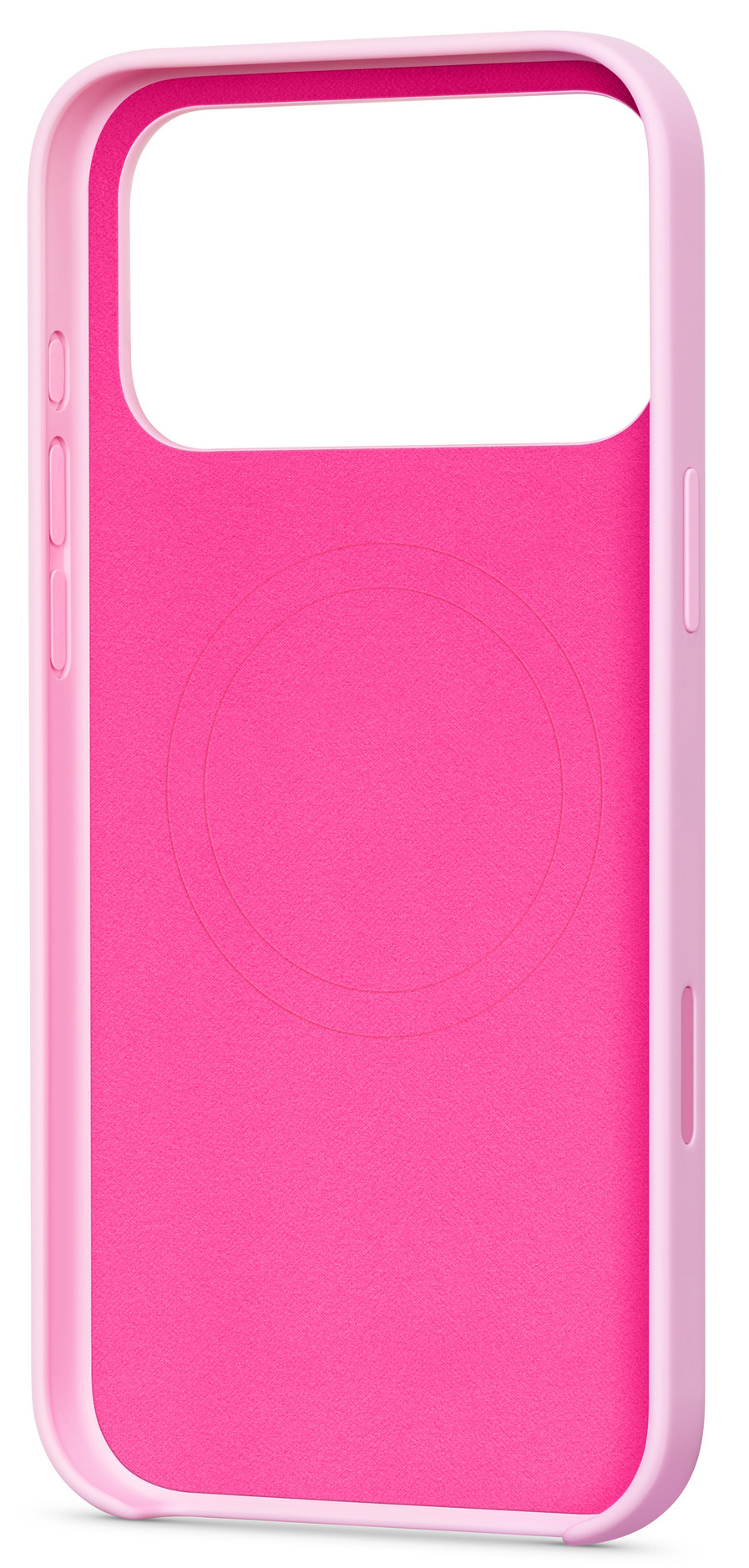 Różowe etui na telefon. Wnętrze jest ciemniejsze różowe, z okrągłym wzorem. Ramka jest jaśniejsza różowa.