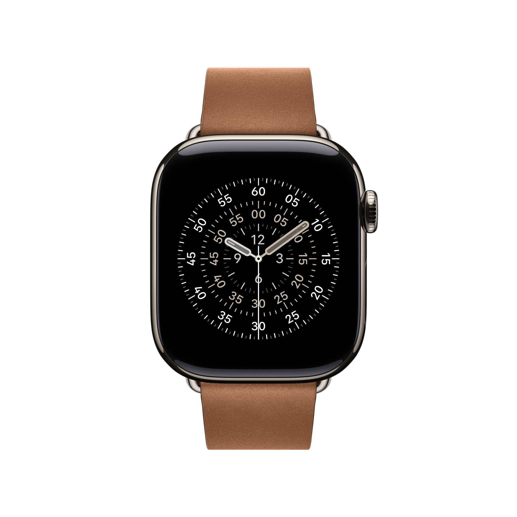 Eine Uhr mit schwarzem Bildschirm und hellbraunem Lederarmband. Das Zifferblatt zeigt die Uhrzeit an.