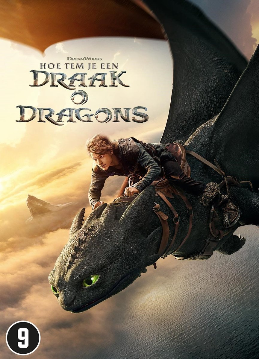 Een jongen rijdt op een zwarte draak in een bewolkte lucht. De filmtitel is 'Hoe tem je een draak'.