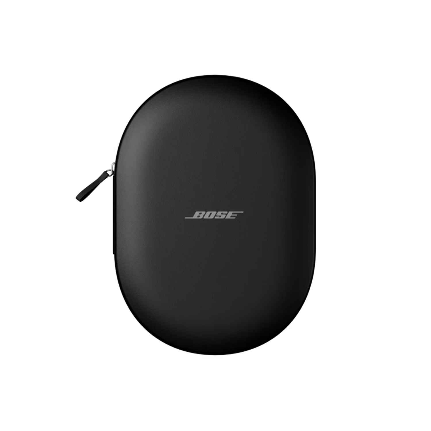 Un étui noir ovale pour casque Bose est centré. L'étui a une fermeture éclair et le logo Bose. Le fond est noir.