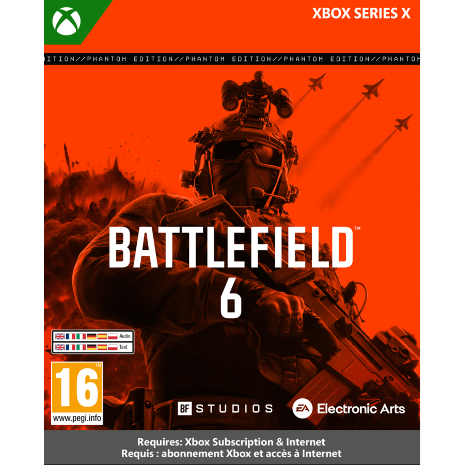 Battlefield 6 game cover. Een soldaat met een geweer staat op de voorgrond. Jets en het Xbox Series X-logo op de achtergrond.