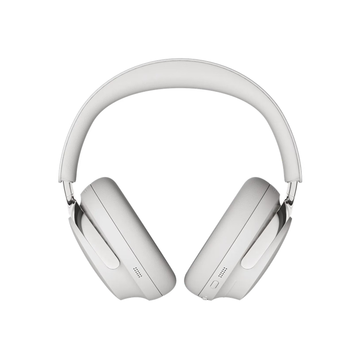 Witte koptelefoon op een zwarte achtergrond. De koptelefoon heeft een gebogen hoofdband en twee oorschelpen. Het ontwerp ziet er modern en strak uit.