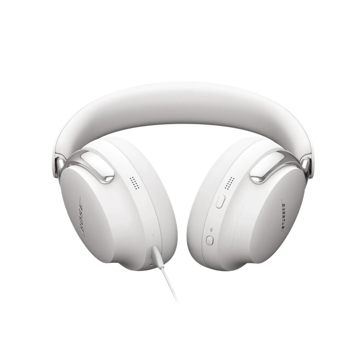 Witte Bose-hoofdtelefoon met een zilveren accent, op een zwarte achtergrond, de kabel is zichtbaar. Het Bose-logo is ook zichtbaar.