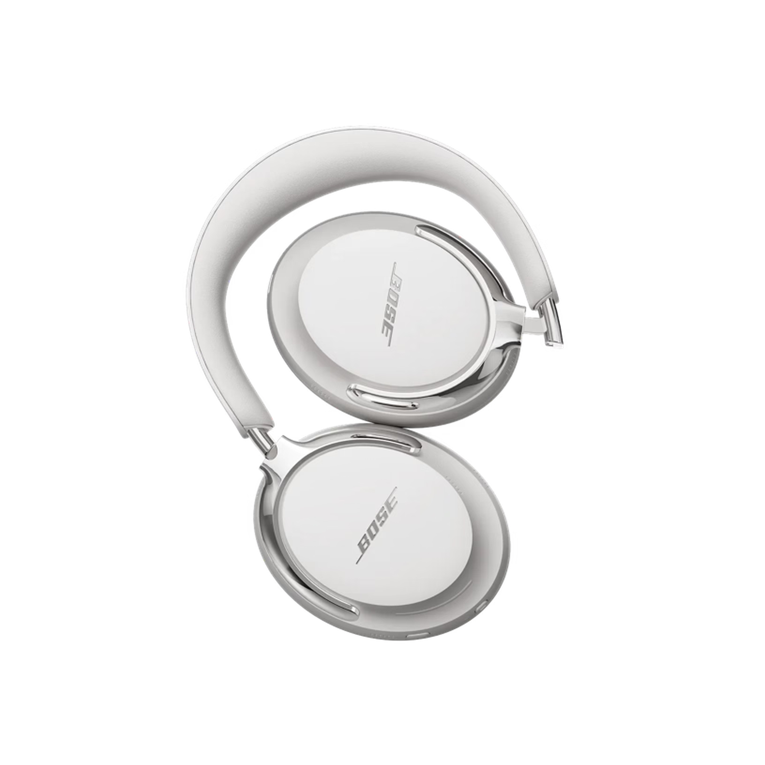 Witte Bose-hoofdtelefoon op zwarte achtergrond. De hoofdtelefoon is opgevouwen en het Bose-logo is zichtbaar op de oorschelpen.