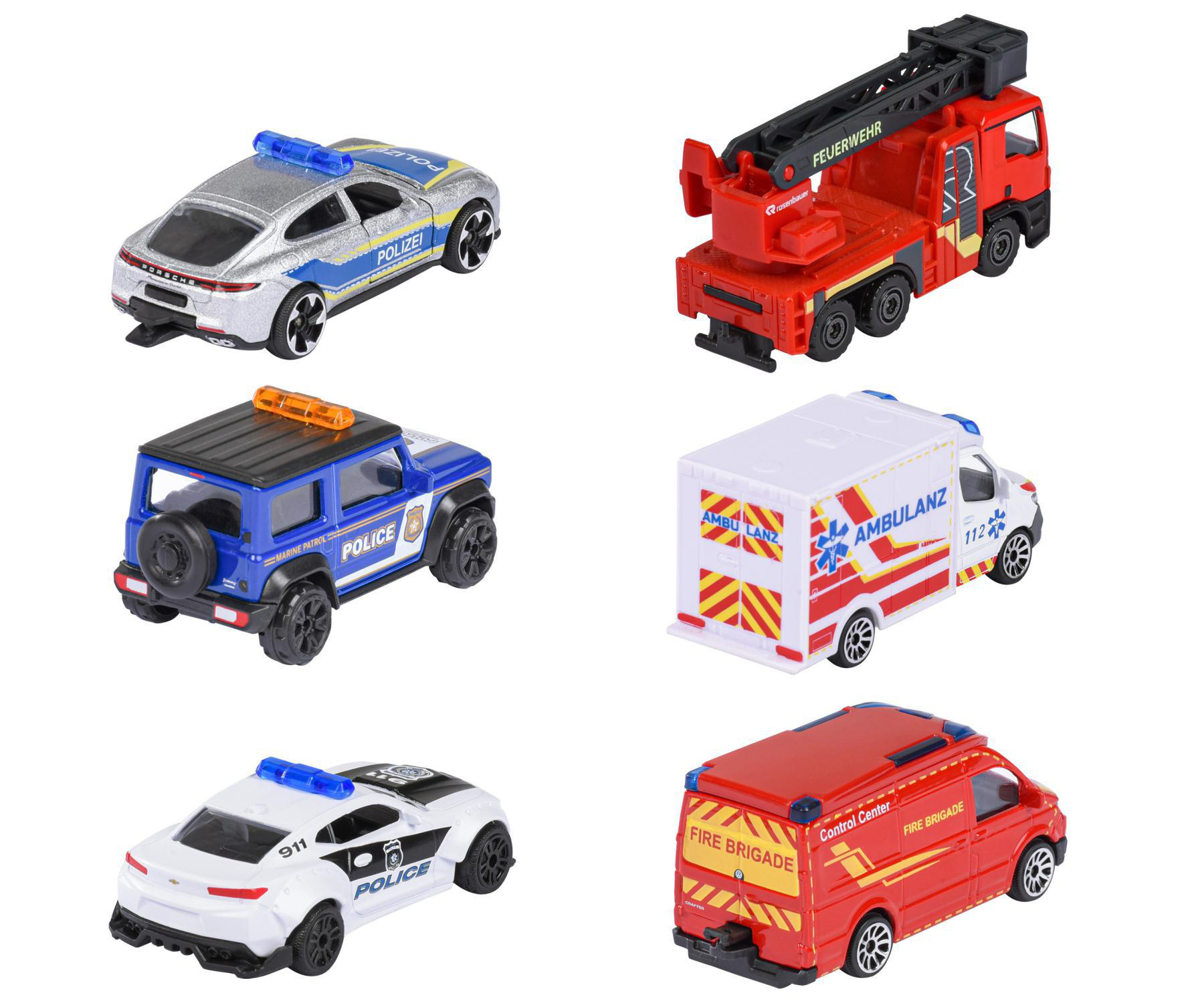 Eine Sammlung von Spielzeug-Notfallfahrzeugen: Polizeiautos, ein Feuerwehrauto mit Leiter, ein Krankenwagen und ein Feuerwehrwagen.