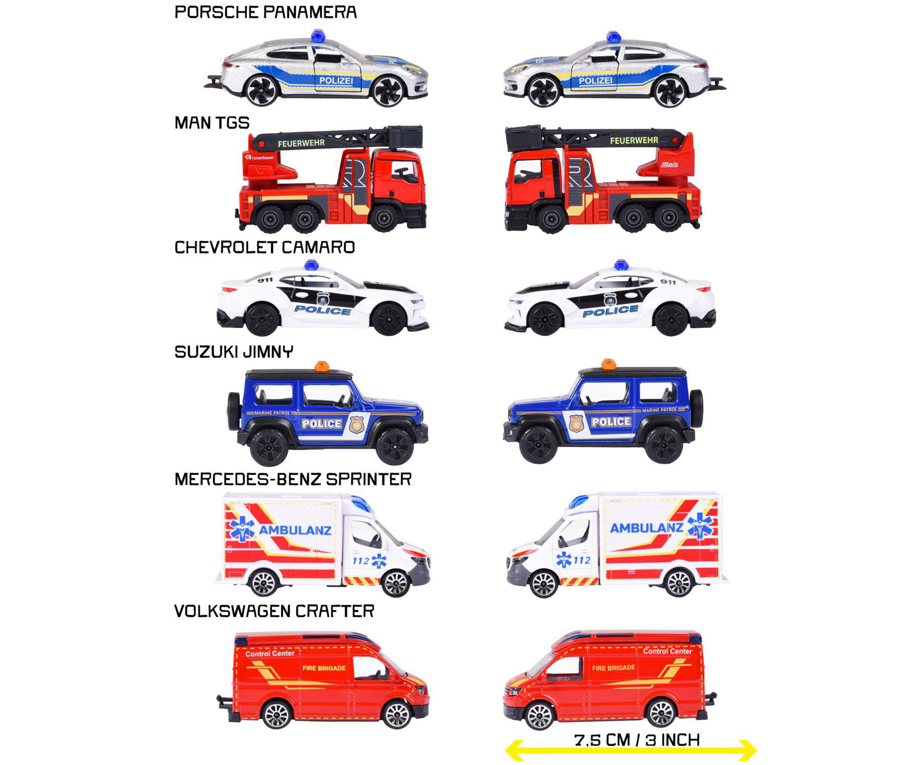 Spielzeugautos: Polizeiautos, Feuerwehrwagen, Krankenwagen und ein Transporter. Jeder Typ ist doppelt vorhanden. Unten rechts 7,5 cm / 3 Zoll.