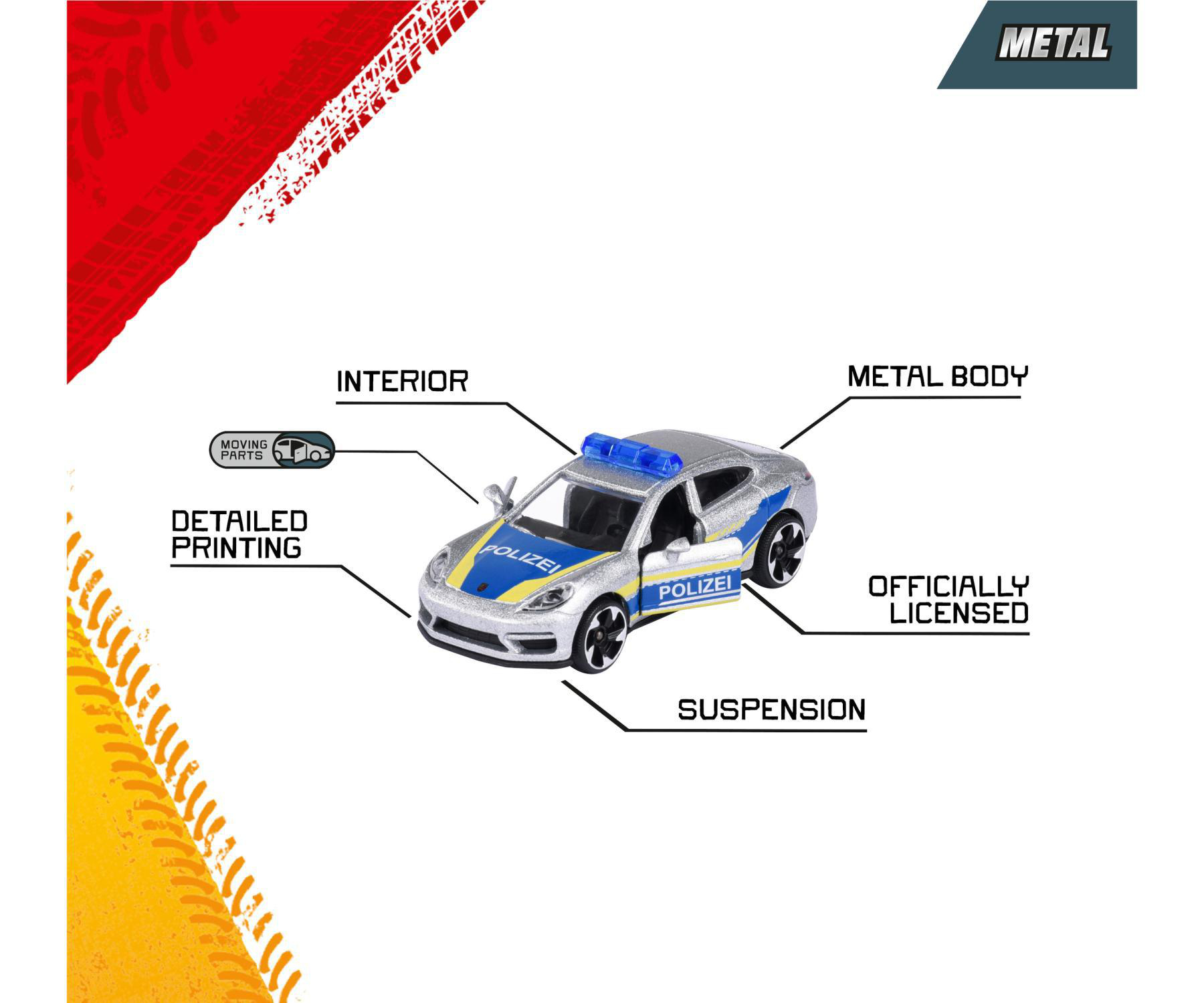 Ein silbernes Spielzeug-Polizeiauto mit blauen Lichtern, beschriftet mit Polizei. Merkmale: Metallkarosserie, Federung und detaillierter Druck.