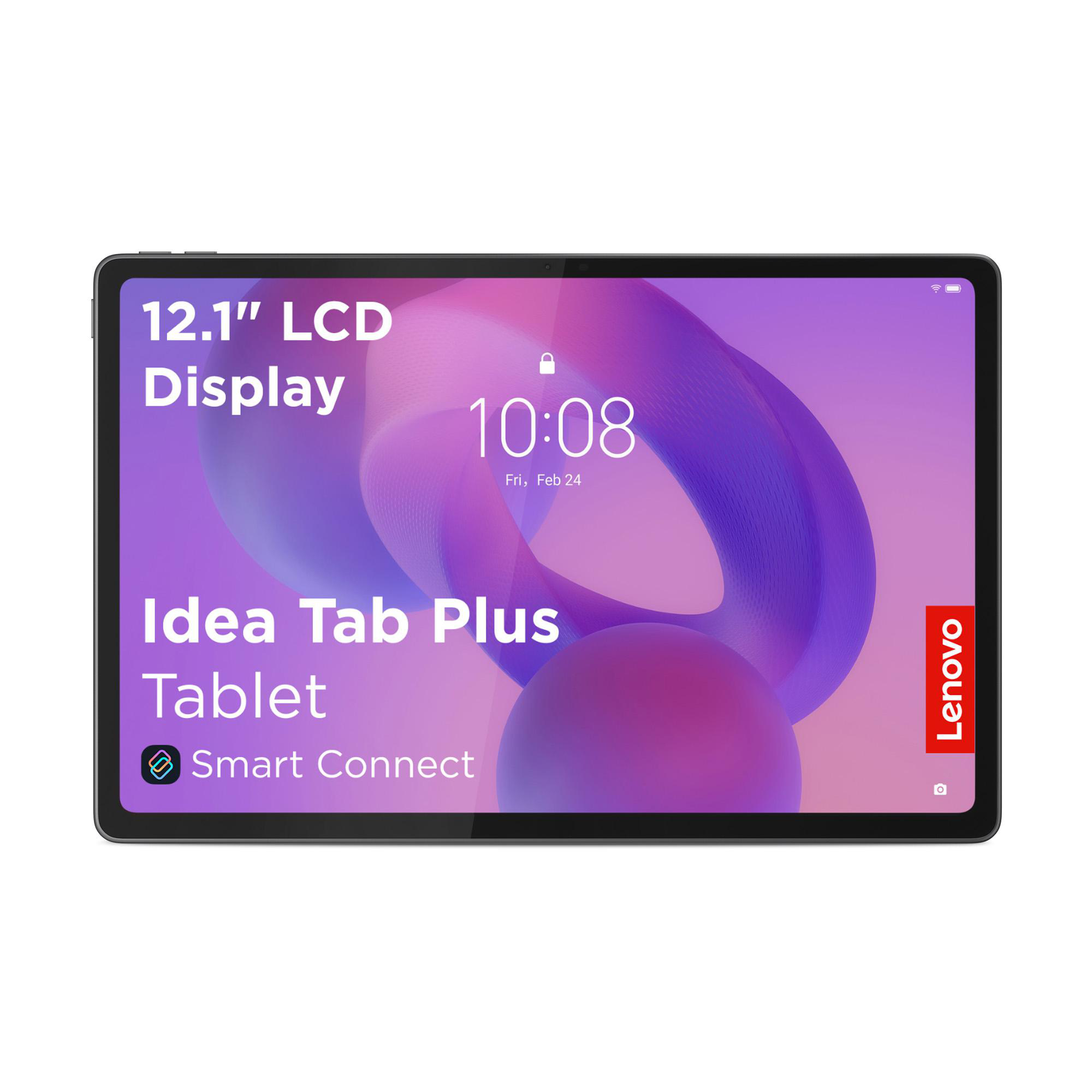 Tablet mit lila Bildschirm zeigt Uhrzeit 10:08, die Worte 'Idea Tab Plus Tablet' und das 'Lenovo'-Logo auf weißem Hintergrund.