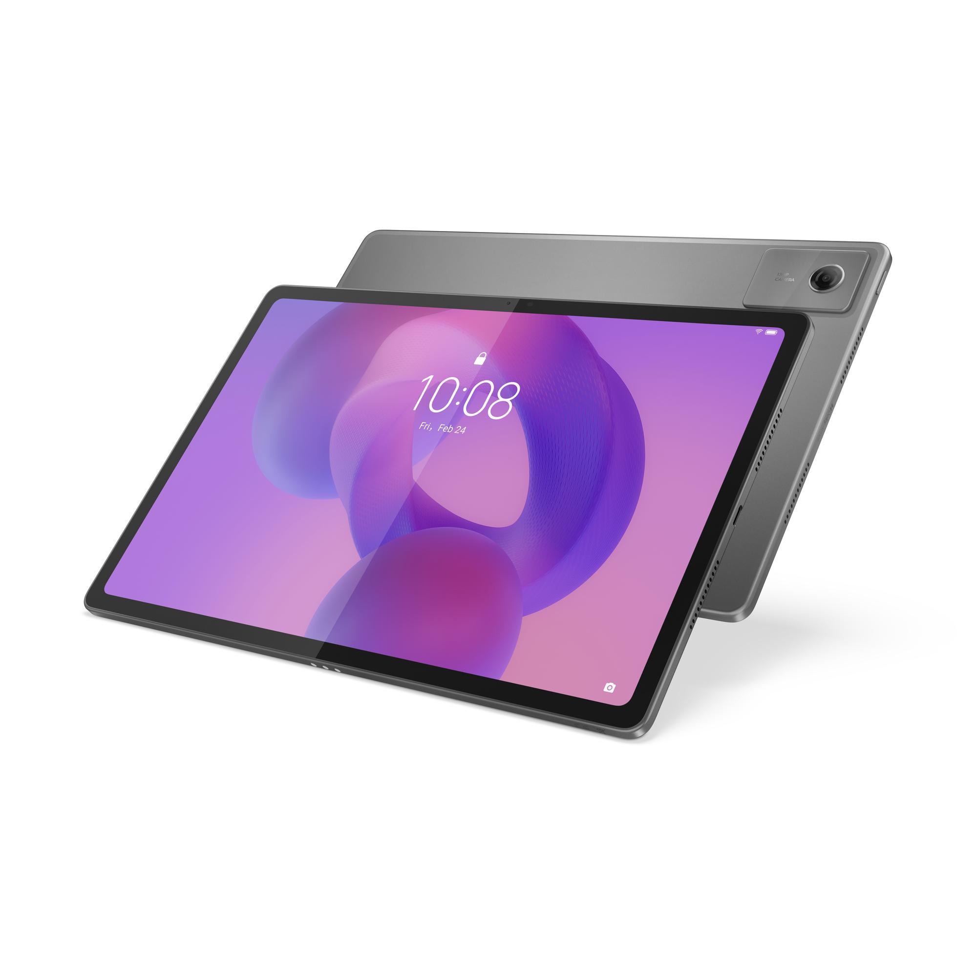 Ein Tablet mit lila Bildschirm, der die Uhrzeit anzeigt. Es liegt auf einem anderen Tablet. Der Hintergrund ist weiß.