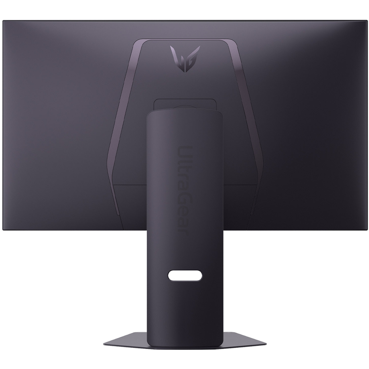 The back of a black computer monitor. It has a stand with the word "UltraGear" on it. There is a logo at the top.