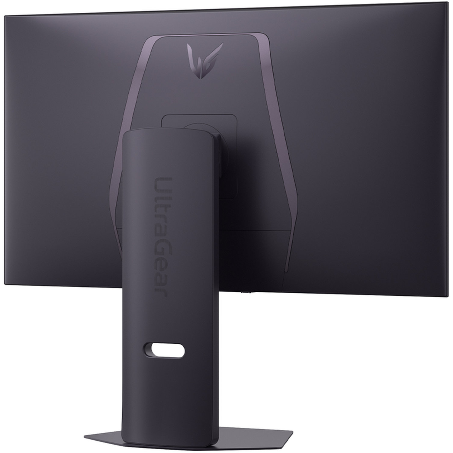 The back of a black LG UltraGear monitor. The stand is black with the word UltraGear. There is an LG logo.