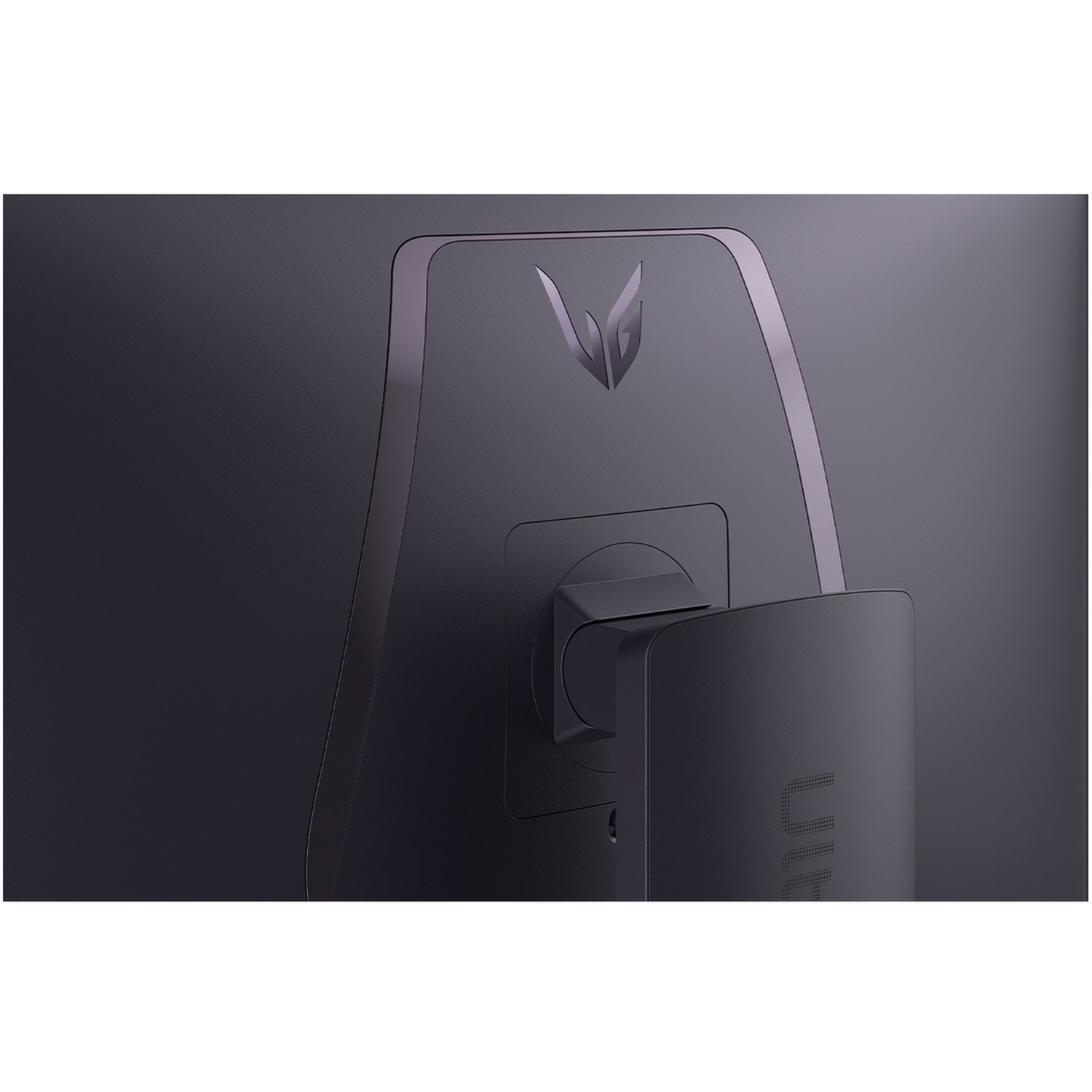 Close-up of a monitor's back. Features a dark gray, stylized design with the brand logo. A support arm is visible.