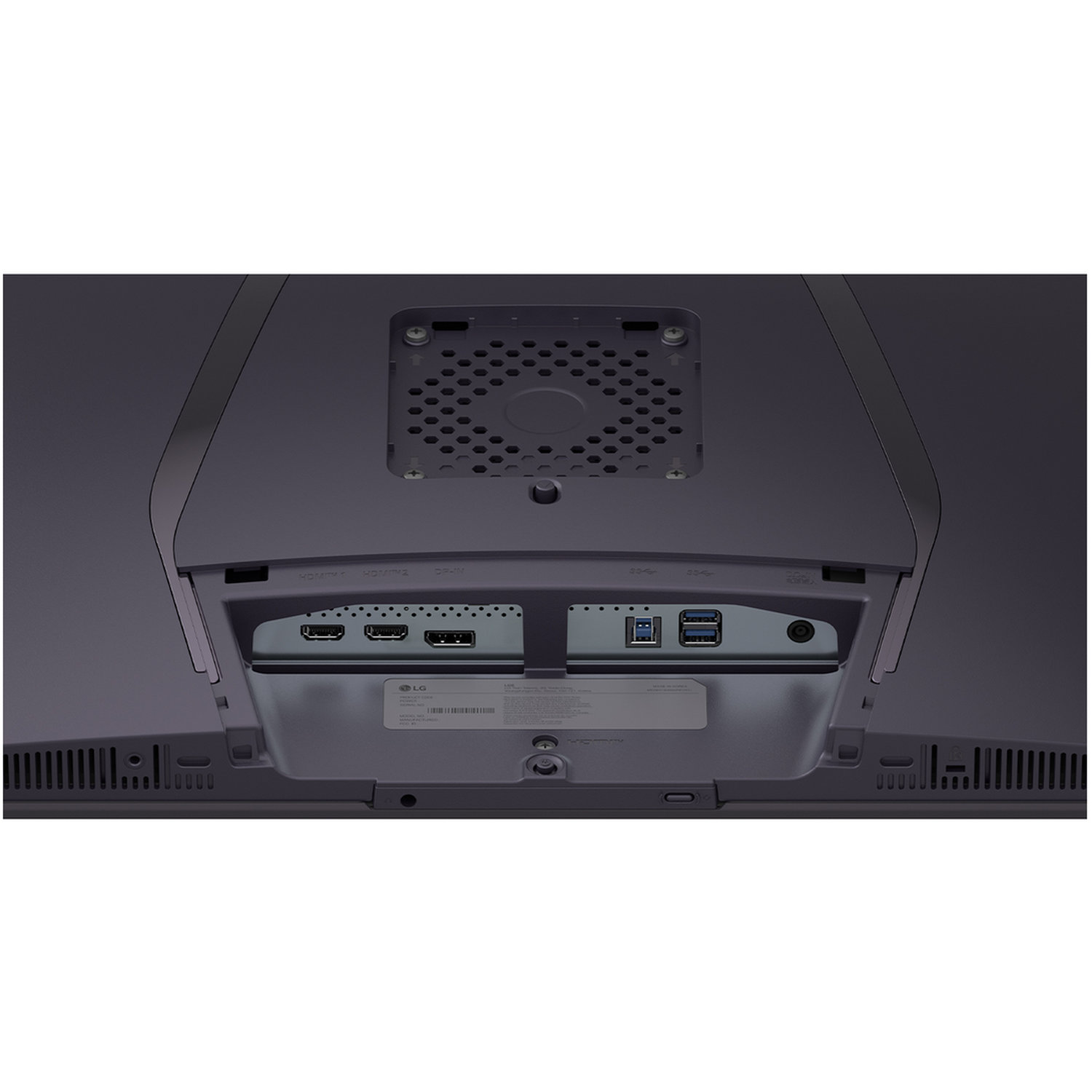 Back of LG monitor with ports for HDMI, USB, and power. A fan is visible at the top. The color is dark gray.
