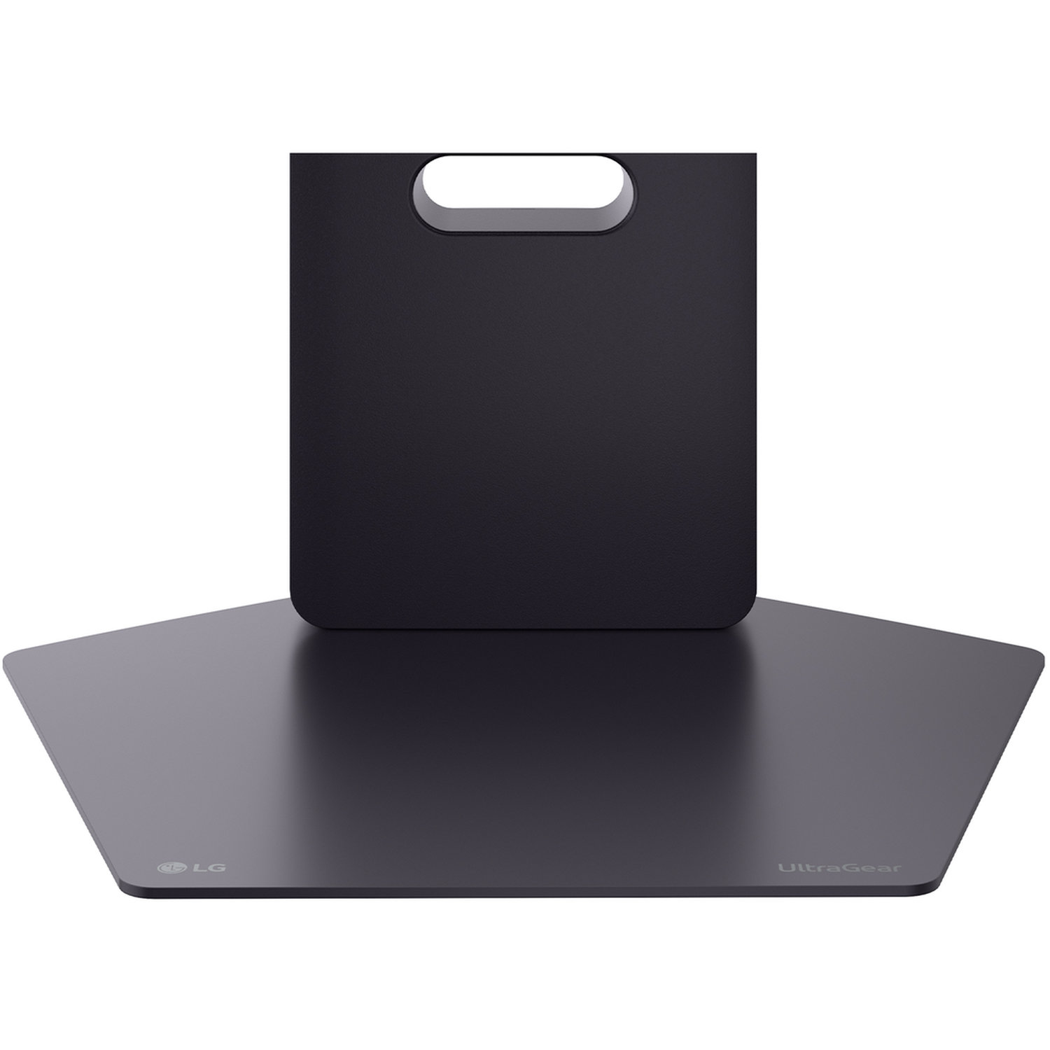 A black stand with a handle. It has a flat base with the LG and UltraGear logos.