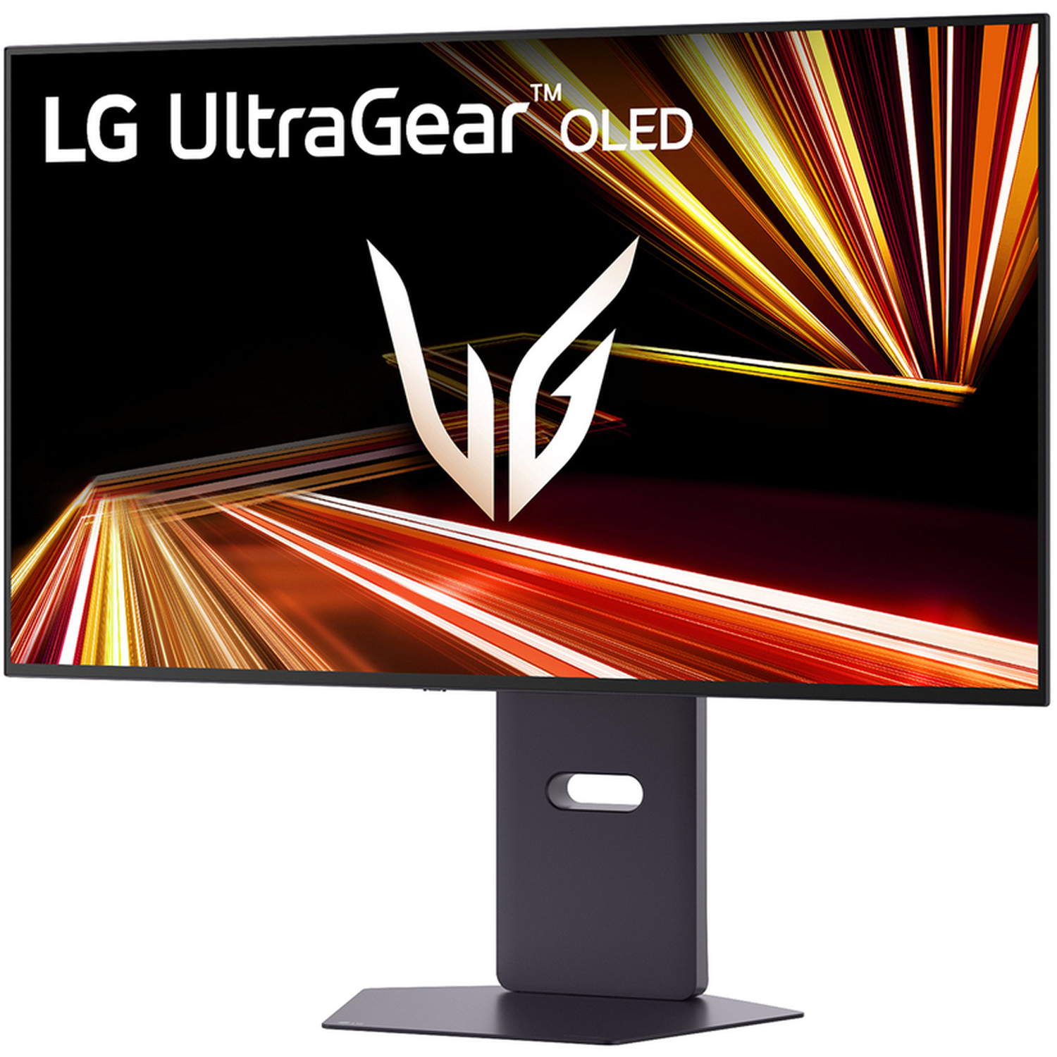 LG UltraGear OLED monitor. The screen displays a colorful abstract design. The stand is dark gray and the base is a square.