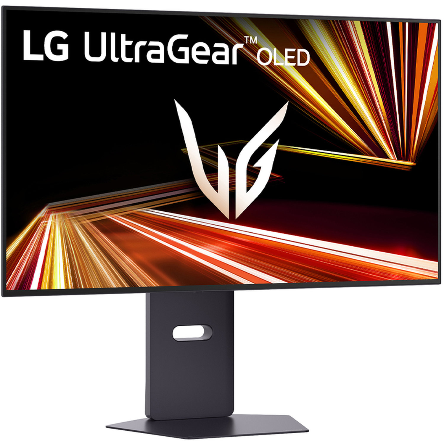 LG UltraGear OLED monitor. The screen displays a logo and colorful abstract lines against a black background. It has a black stand.