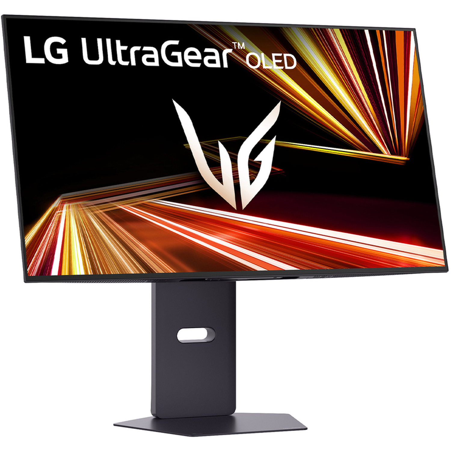 LG UltraGear OLED monitor. Black bezel, stand. Screen displays abstract orange and yellow light trails on black background.