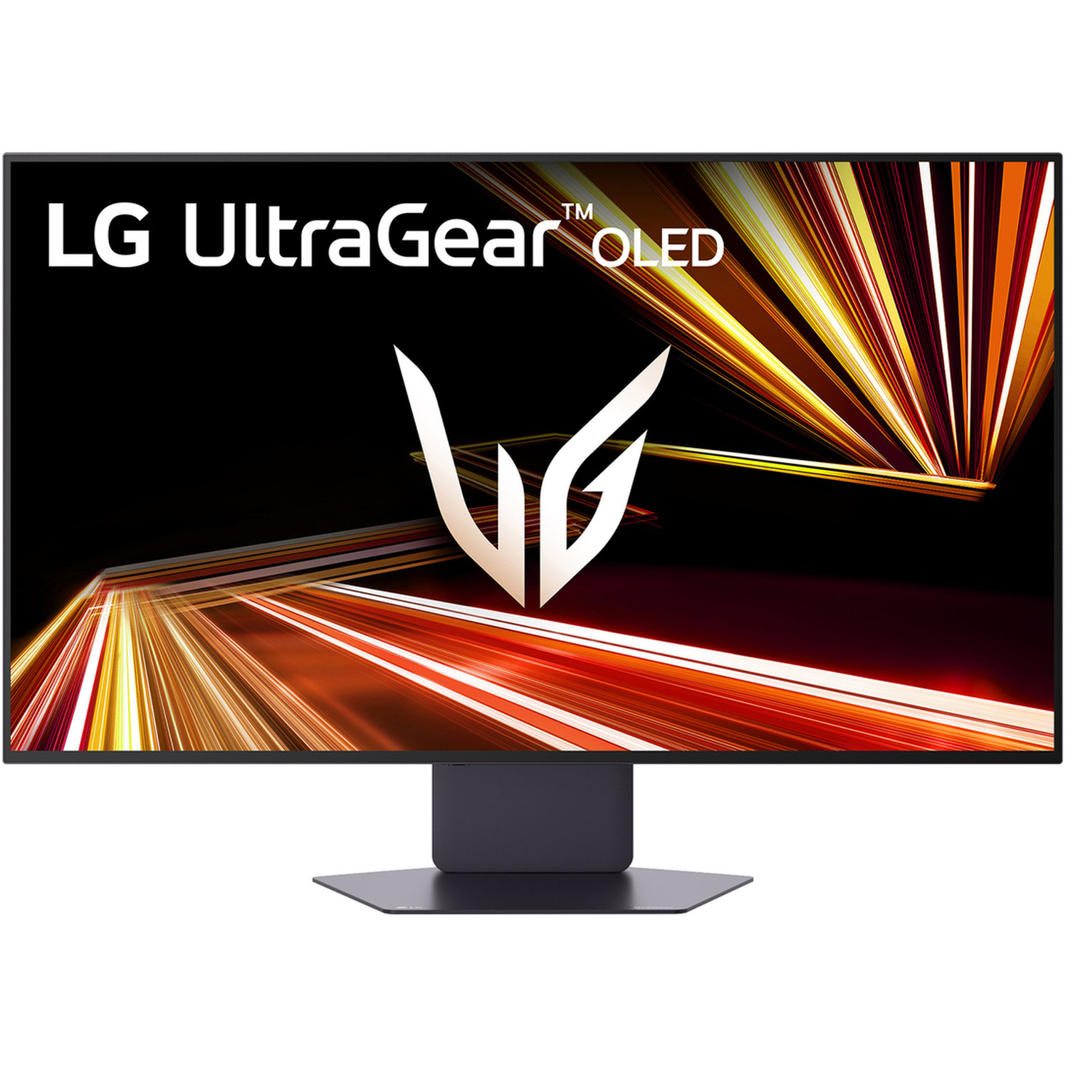 LG UltraGear OLED monitor. The screen displays a colorful abstract design. The monitor is on a dark base. The LG logo is visible.