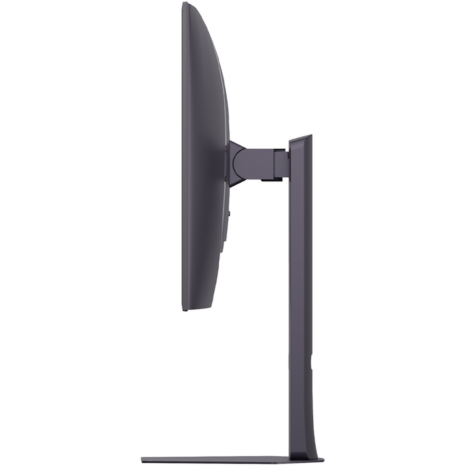 Side view of a dark gray computer monitor. The screen is thin and rectangular, supported by a stand. White background.