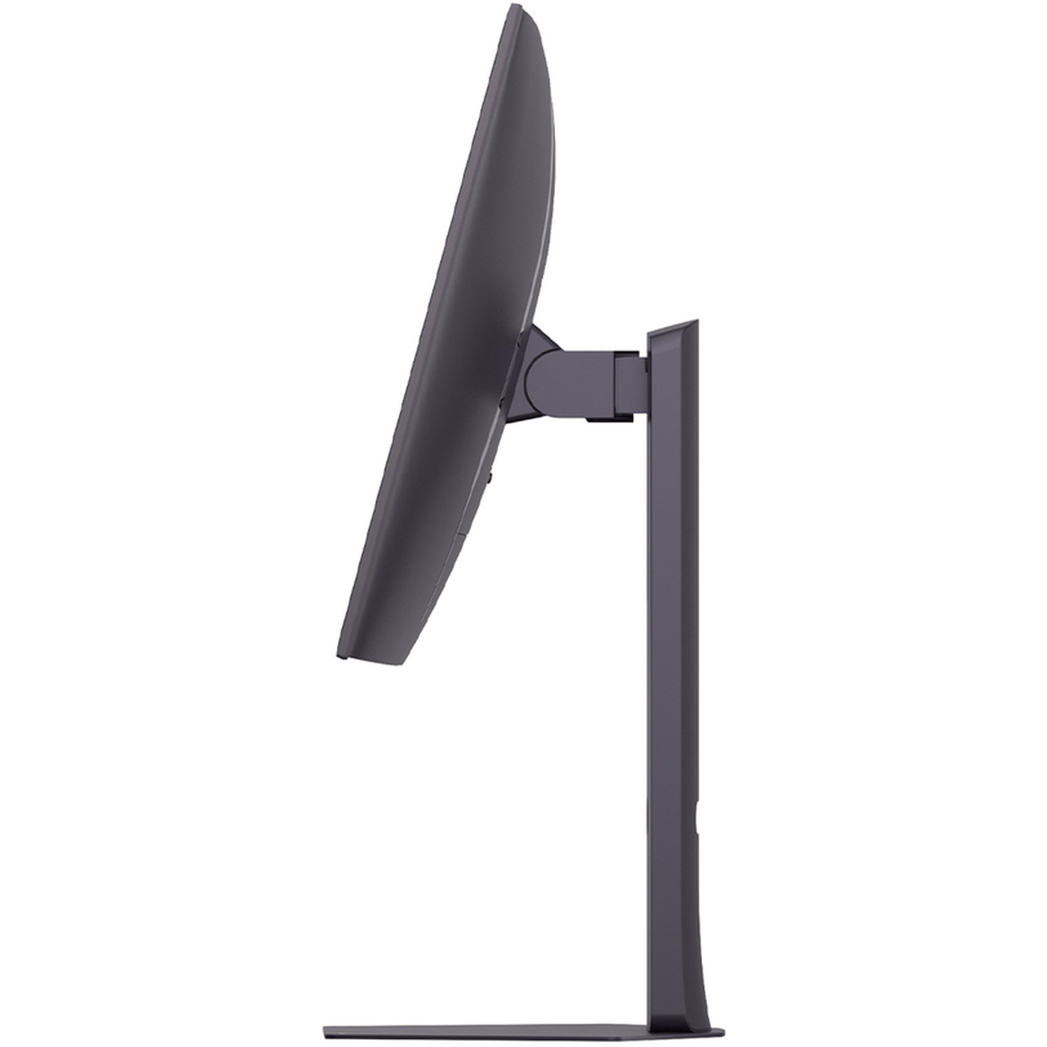 Side view of a dark gray computer monitor. The screen is tilted. It stands on a matching gray stand, against a white background.