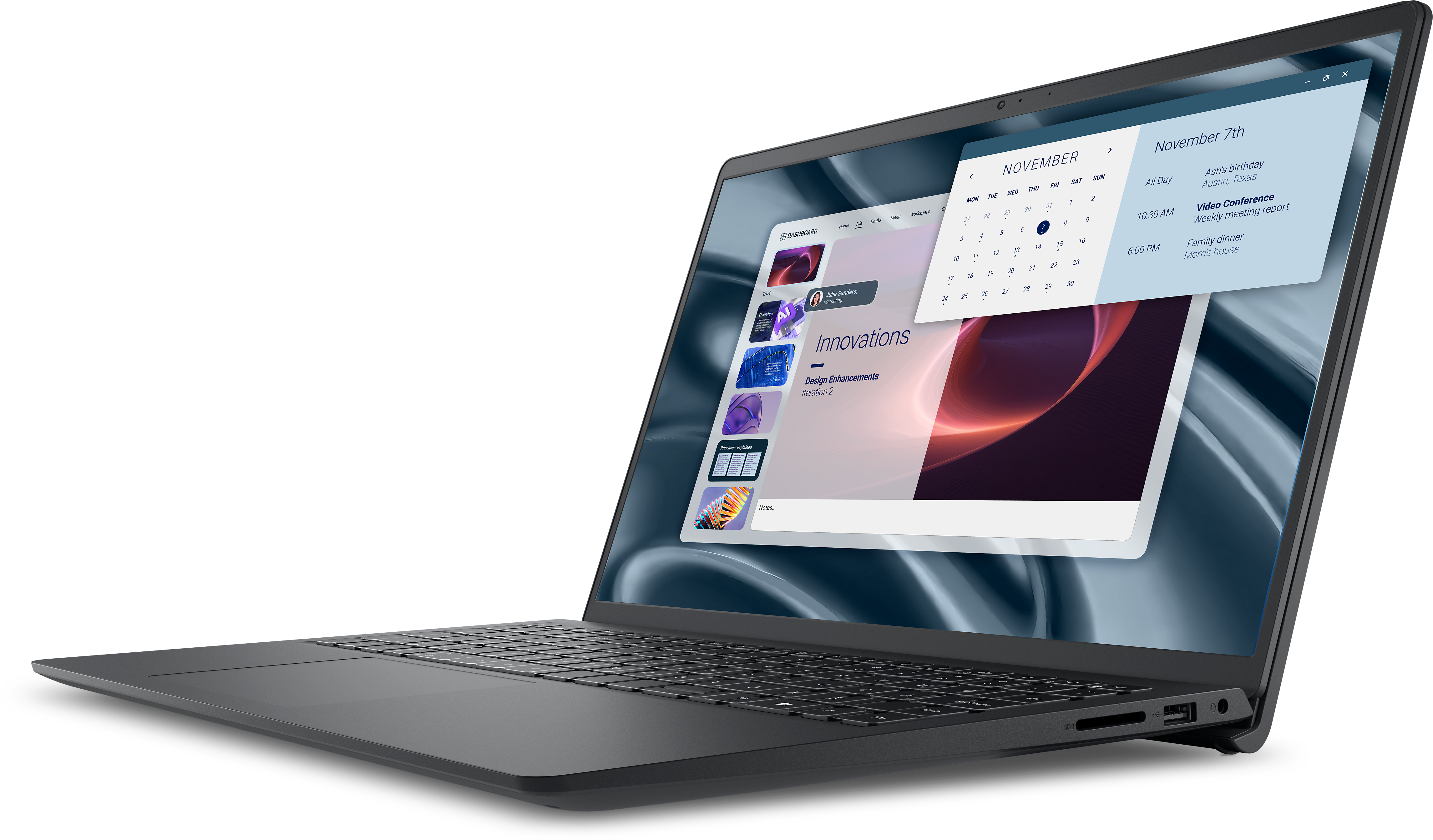 Ein Laptop zeigt einen Kalender mit dem 7. November. Er zeigt Termine und ein Dashboard.